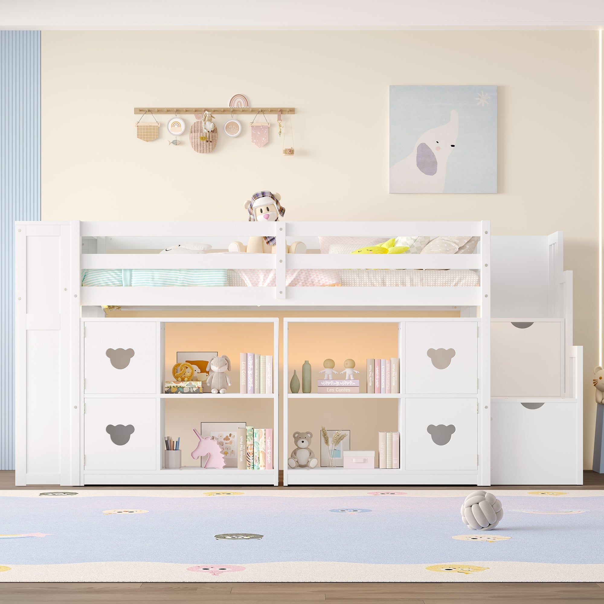 Kids Twin Loft Bed with Storage Cabinets, Staircase Drawers & LED Lights – Solid Wood Low Loft Bed with Shelves, Guardrails, and Fun Bear Handles – Space-Saving Design for Boys & Girls Bedroom (White)