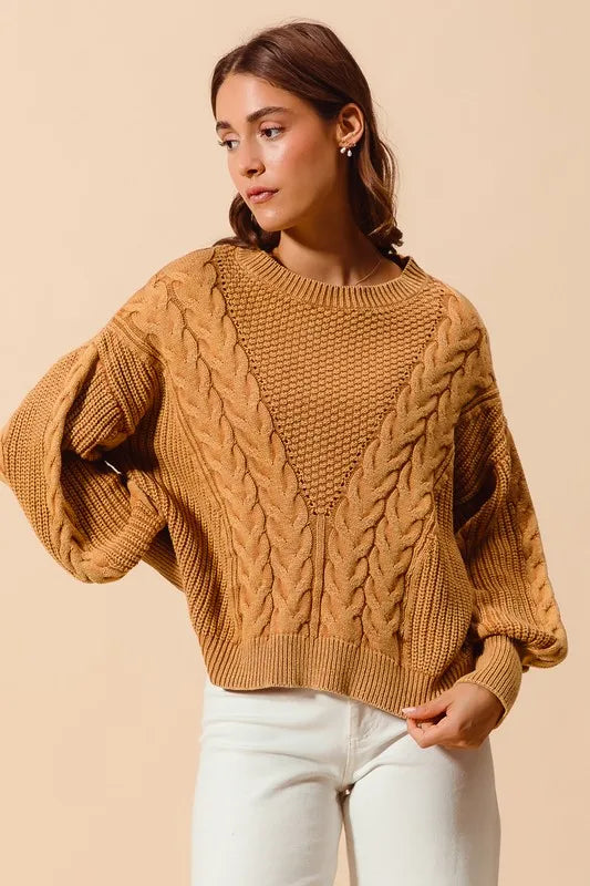 SO ME Mineral Washed Loose Fit Textured Cable Sweater