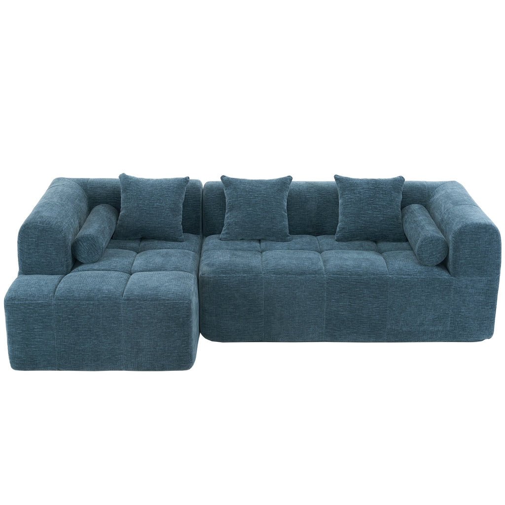 Modern Modular Sofa with Deep Seating, Two Side Pockets, and Plush Pillows in Blue Chenille Fabric, 101.2'