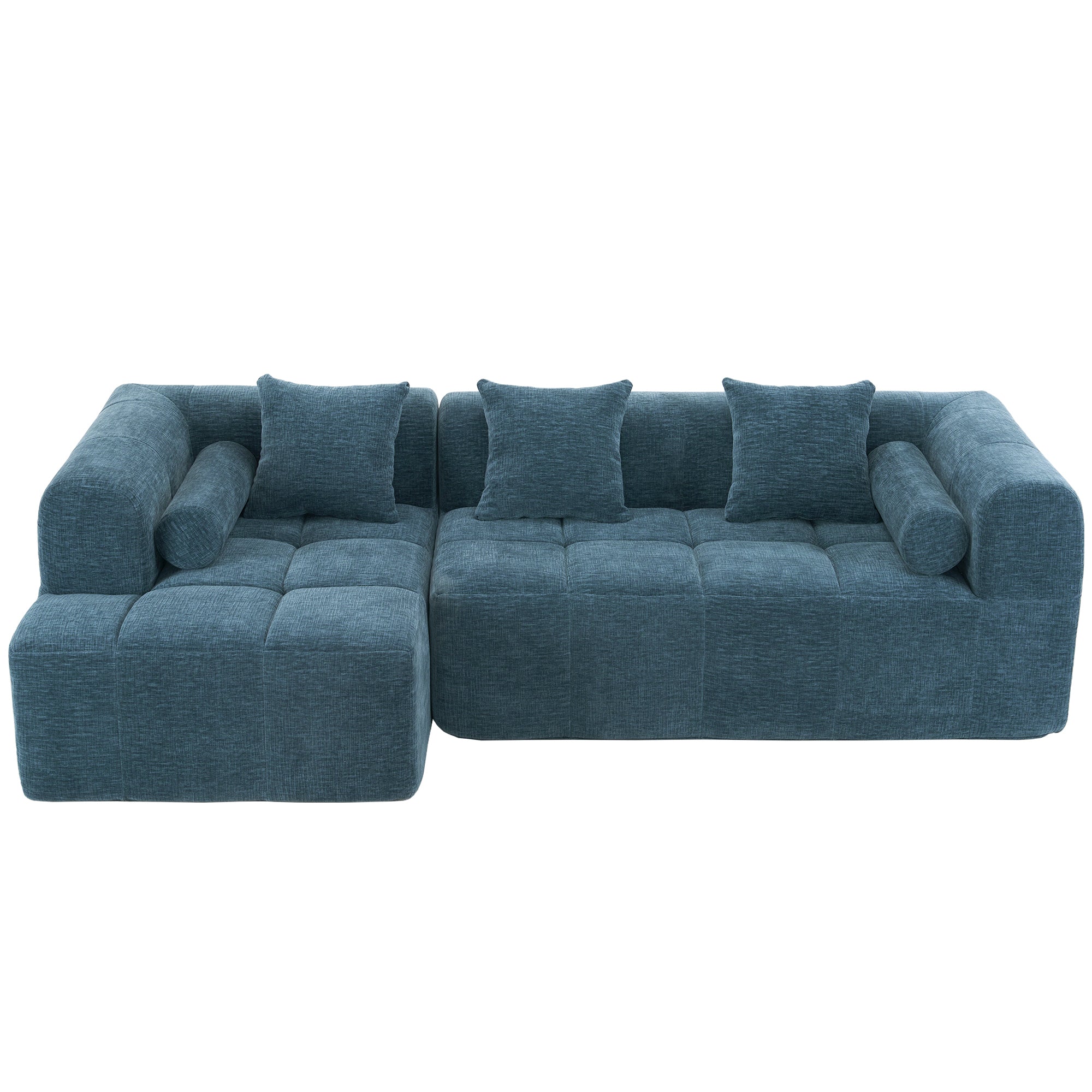 Modern Modular Sofa with Deep Seating, Two Side Pockets, and Plush Pillows in Blue Chenille Fabric, 101.2'