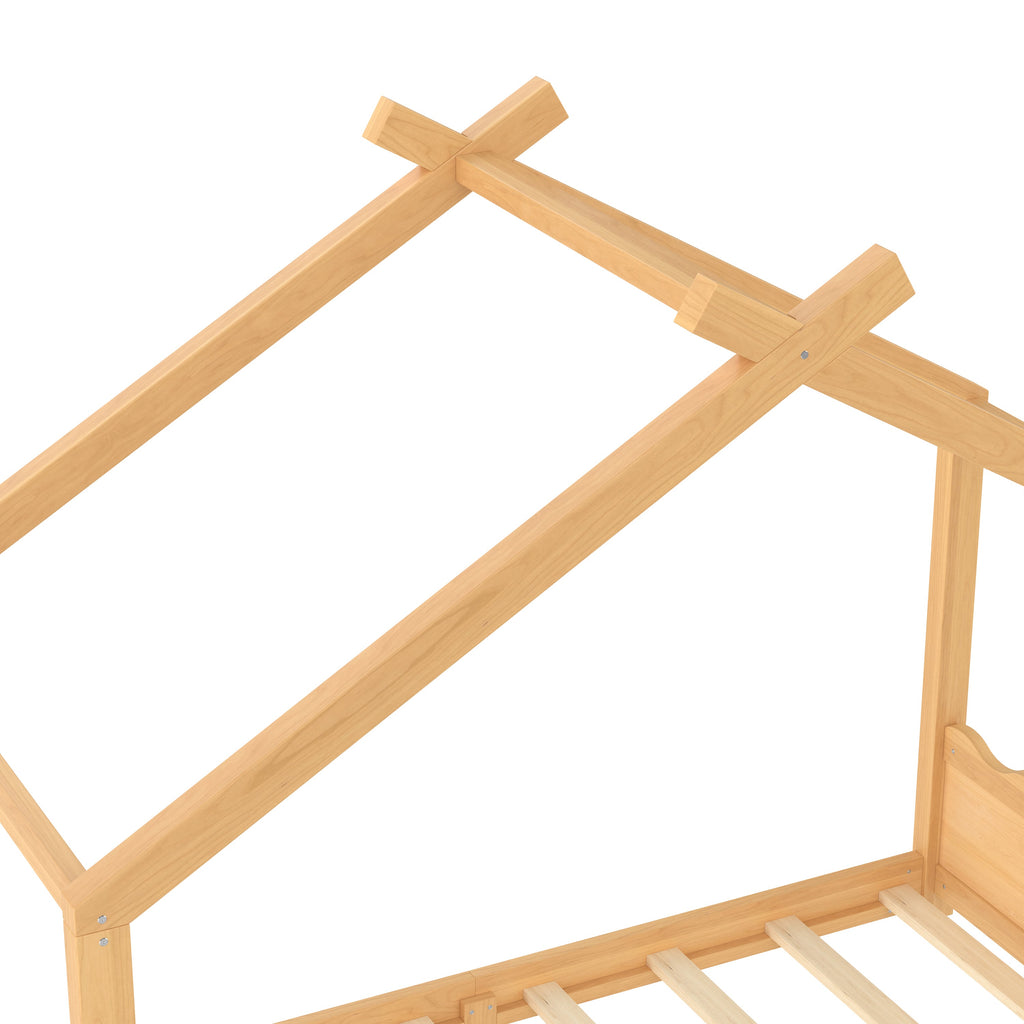 Twin House Floor Bed with Support Slats, Solid Wood House Bed Frame for Kids, No Box Spring Needed and Opening Constructure, Natural