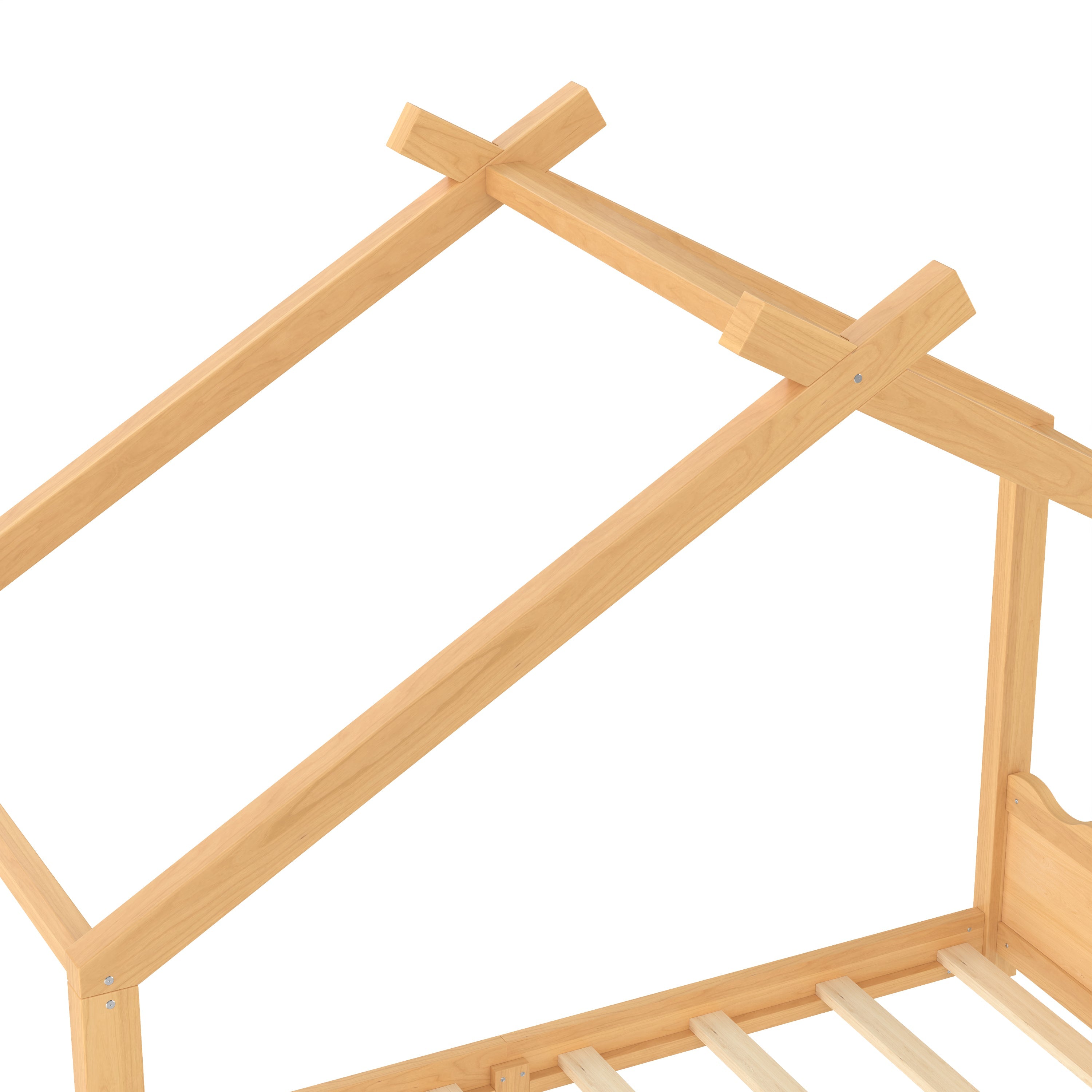 Twin House Floor Bed with Support Slats, Solid Wood House Bed Frame for Kids, No Box Spring Needed and Opening Constructure, Natural
