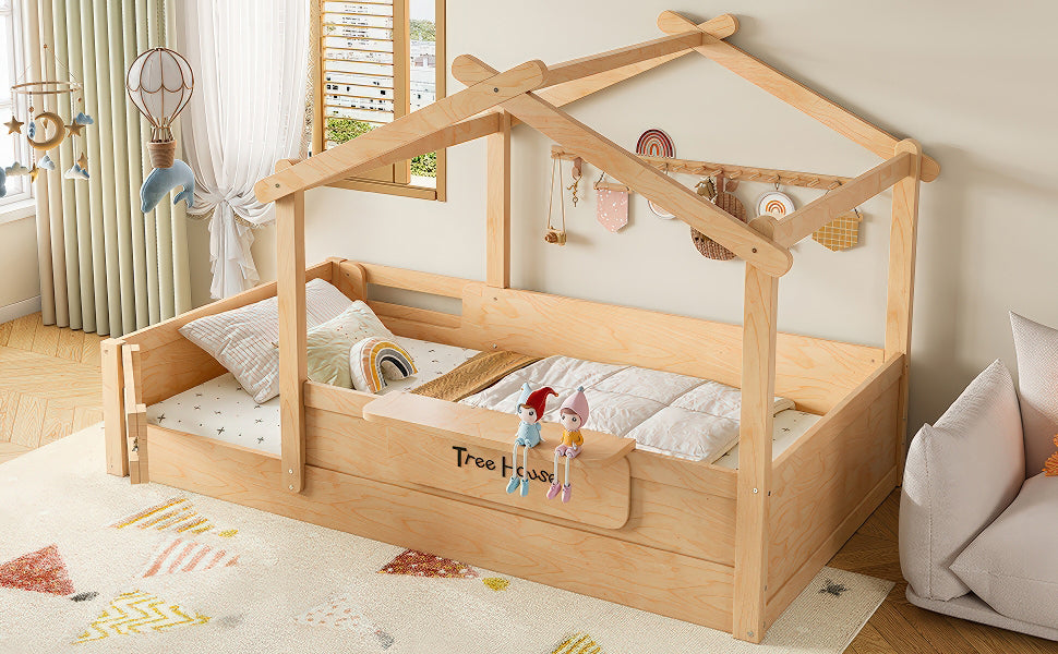 Twin Size Floor Bed with Guardrails and Roof, Kids House Floor Bed with a Small Built-in Tray and Free-installed Signboard, Childlike Design, Natural