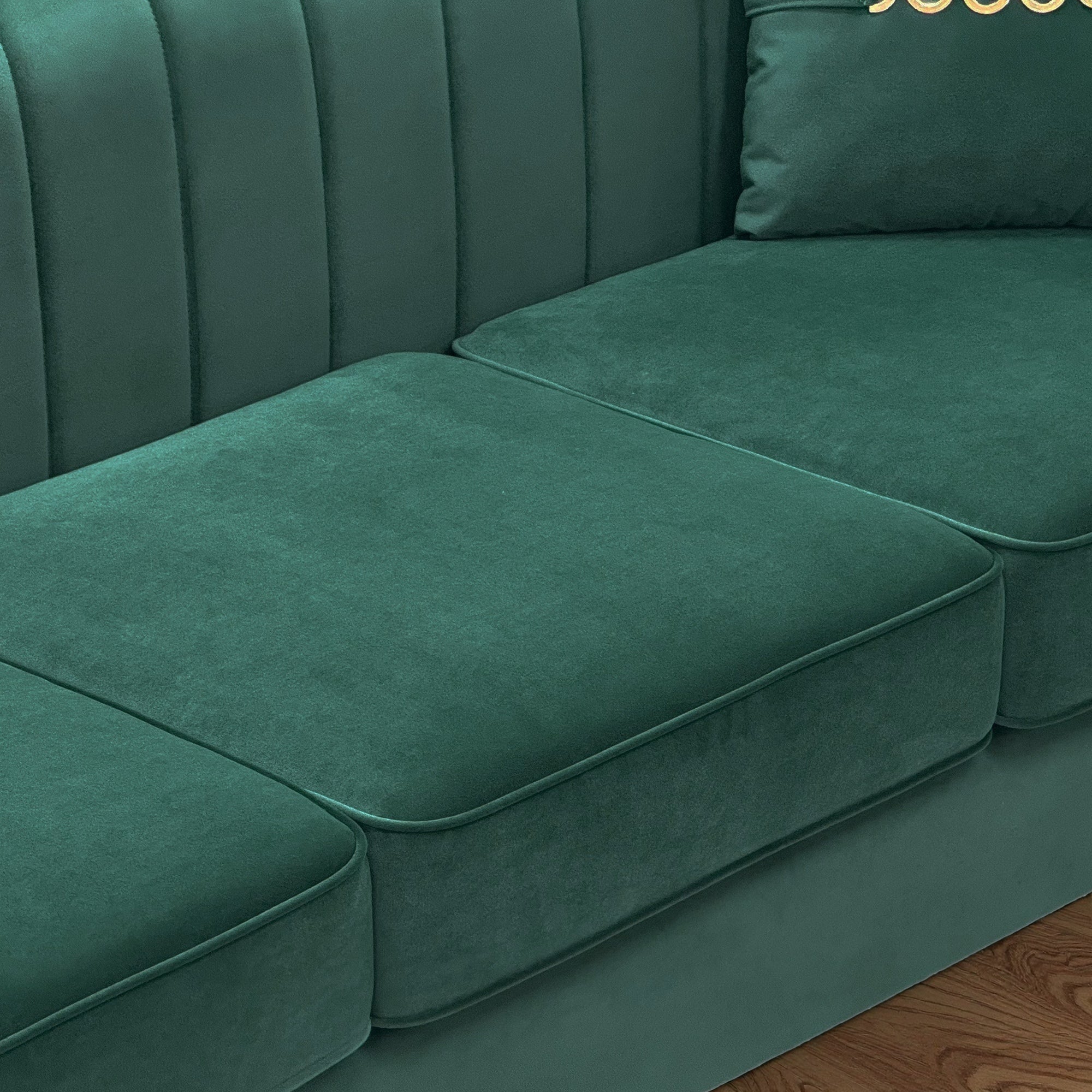 FX-P82-2PC SOFA -GR3  Green Velvet Sofa Set of 2, Two Modern 3-Seater Sofas with Plush Cushions & Gold-Tone Metal Legs  Stylish Living Room Couch Set for Homes, Apartments, and Guest Areas