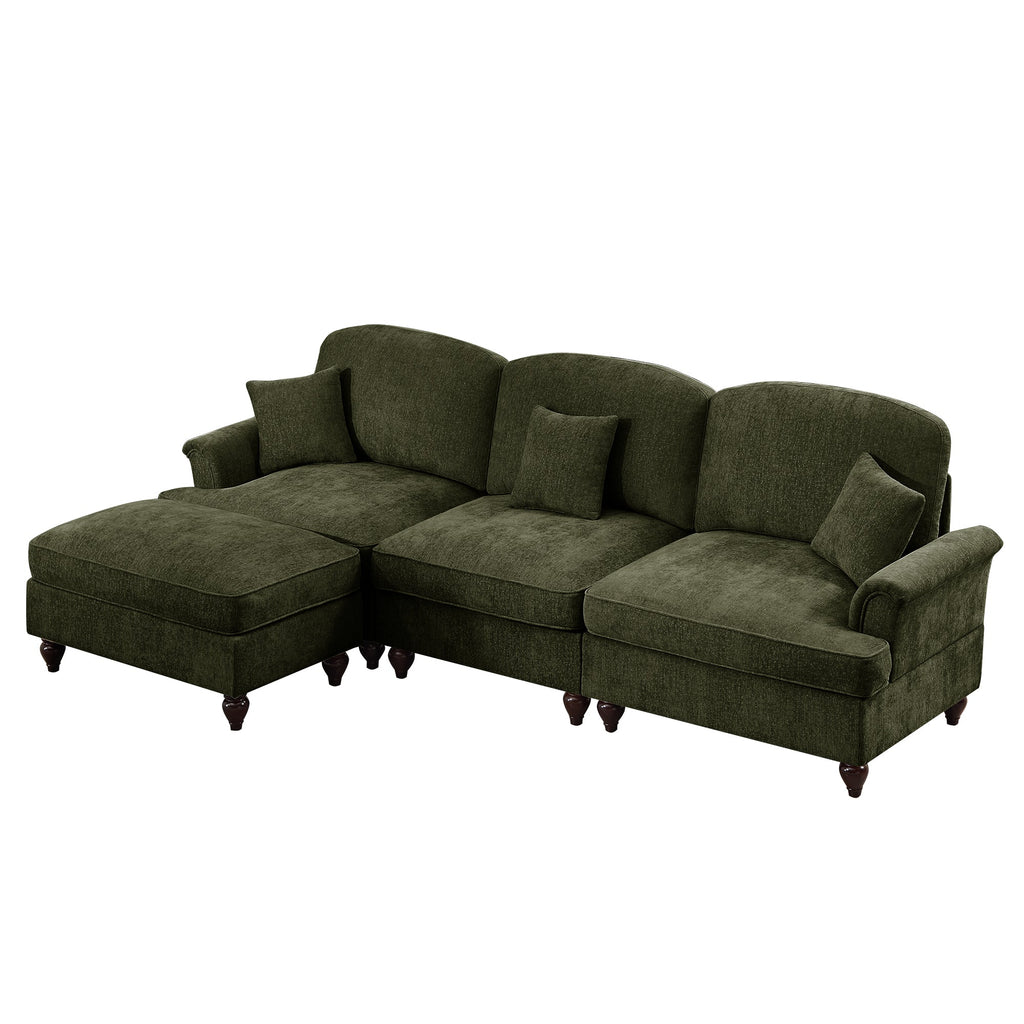 Mid Century Three Seater Modular L Shaped Sectional Couch with Flared Arms and Removable Ruffles Pleats Skirts and Spindle Legs, Comfy Chenille 3-Seat Deep Seat Sofa with Movable Ottoman,Green
