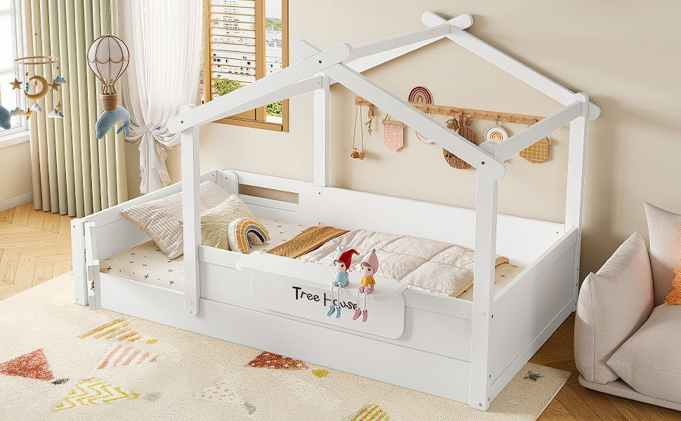 Twin Size Floor Bed with Guardrails and Roof, Kids House Floor Bed with a Small Built-in Tray and Free-installed Signboard, Childlike Design, White
