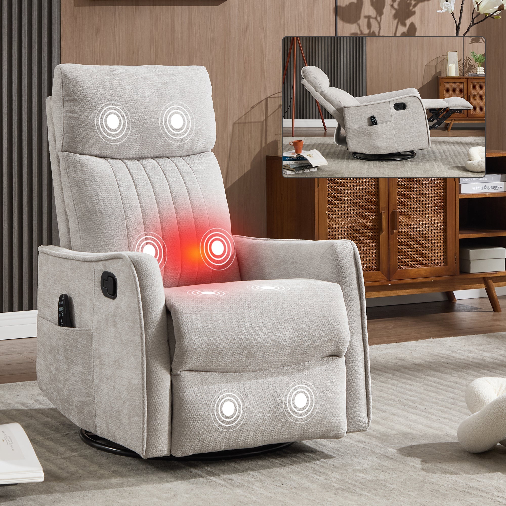 Light Grey Heat Massage Manual Recliner Chair with Rocker and Swivel in Fabric for Living Room