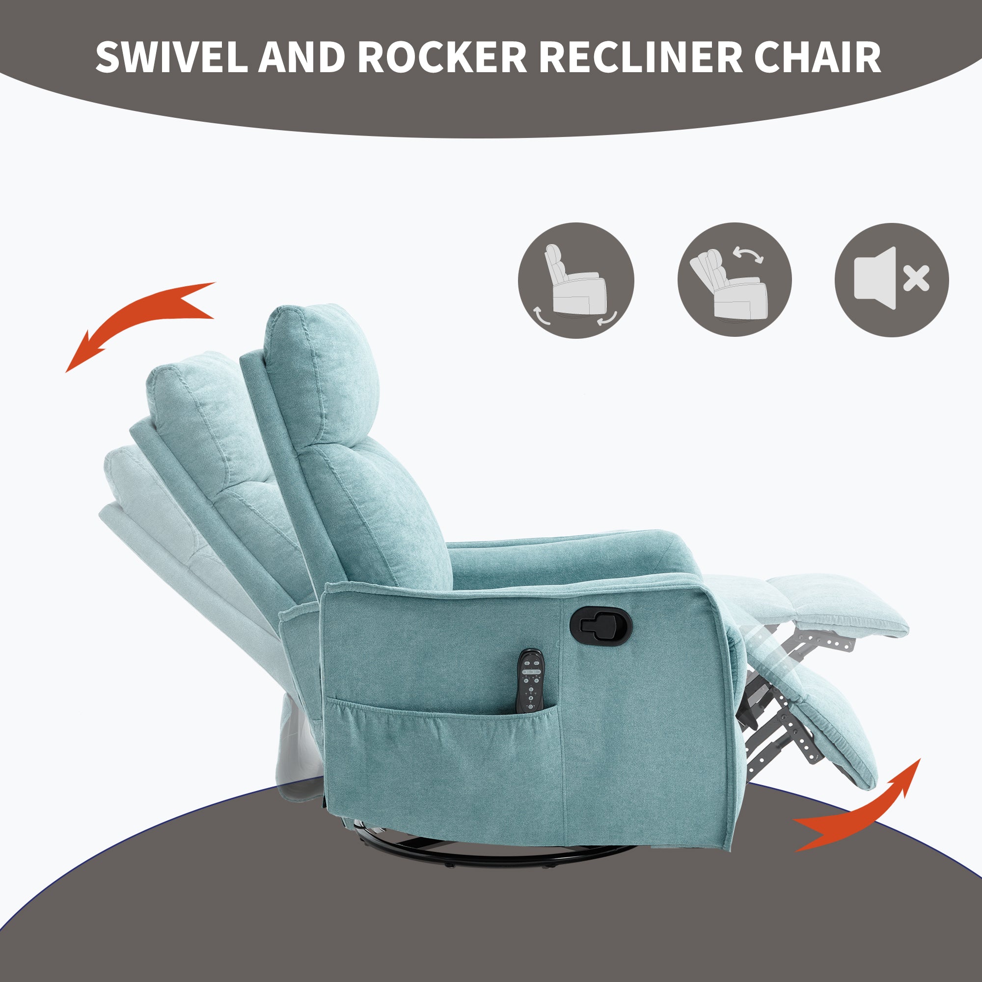Heat Massage Manual Recliner Chair with Rocker and Swivel in Fabric for Living Room, Blue-Green