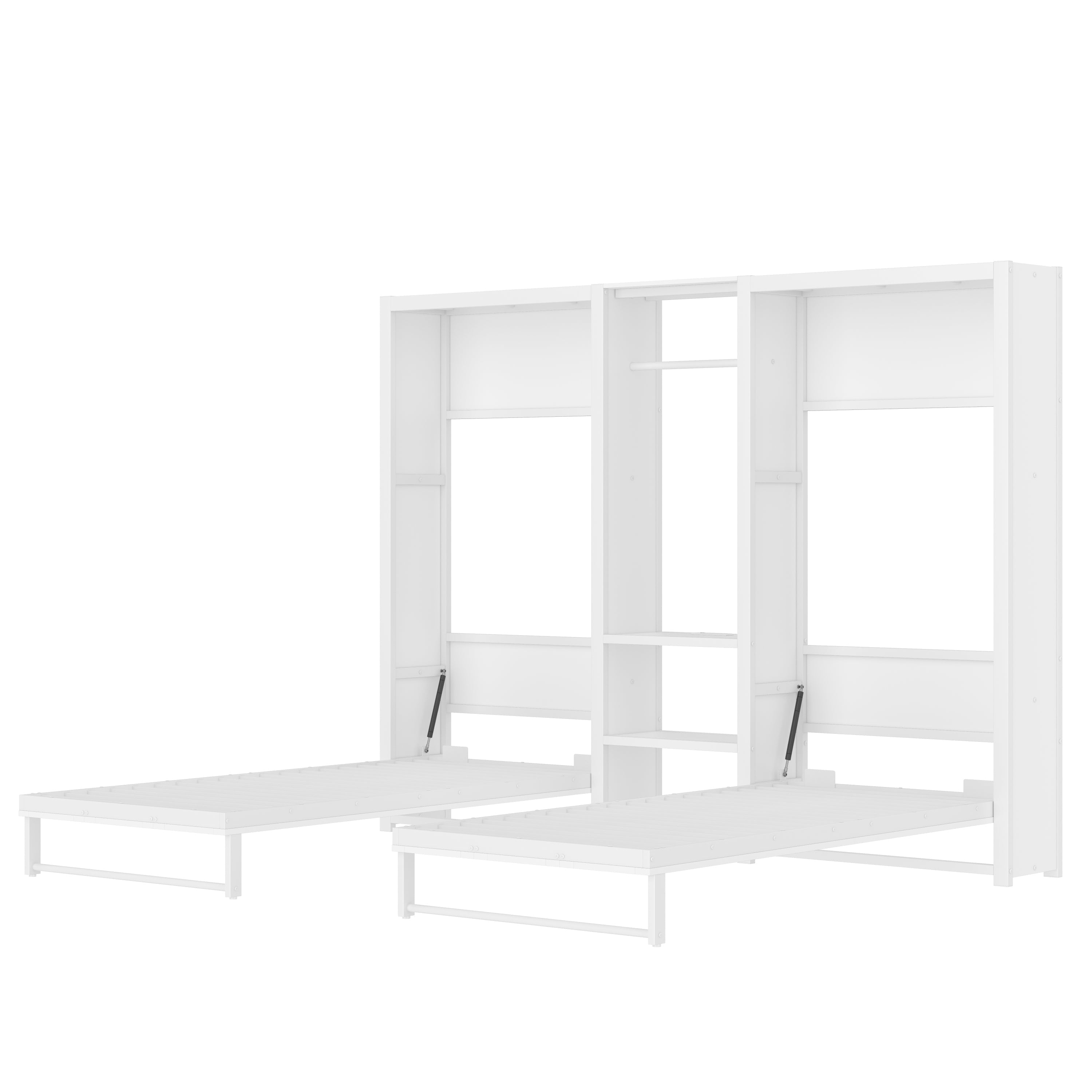 Twin and Twin Murphy Bed, Metal Foldable Murphy Bed with Wardrobe, Shelves and Power Outlets, 2 in 1 Design, Space-saving, White