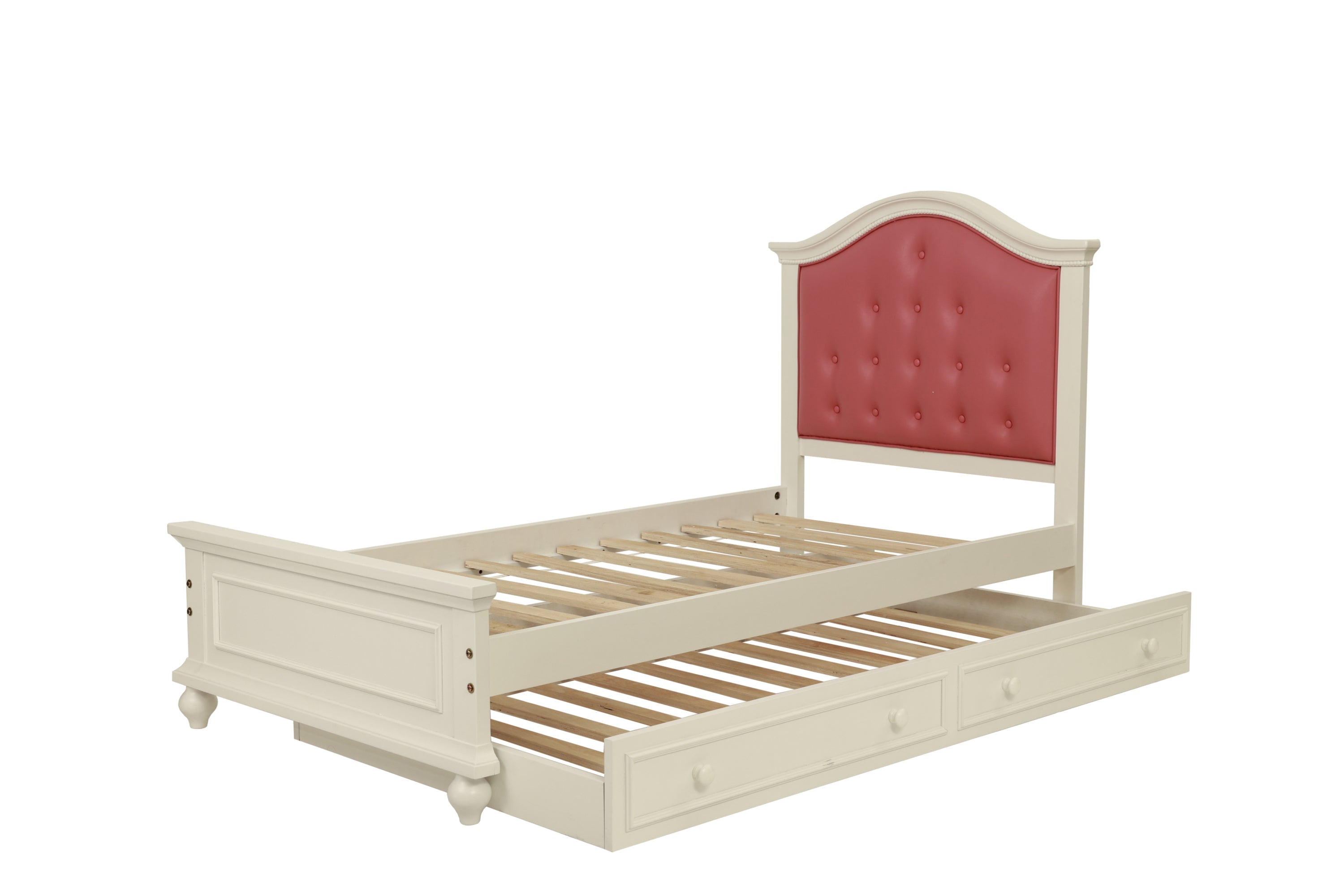 Contemporary Style Twin Size Bed w/ Trundle Slats Pine Plywood Kids Youth Bedroom Furniture Pink Faux Leather Tufted HB