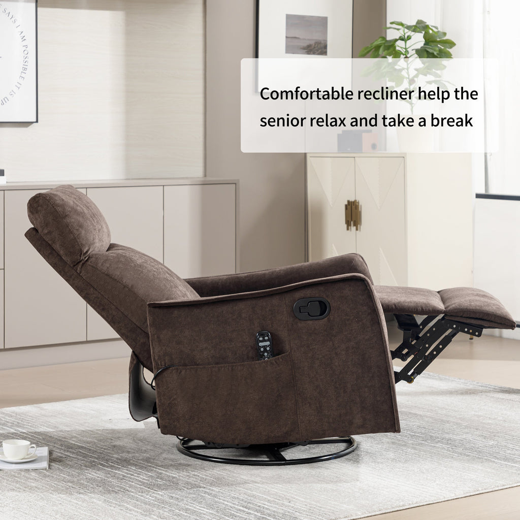 Heat Massage Manual Recliner Chair with Rocker and Swivel in Fabric for Living Room, Brown