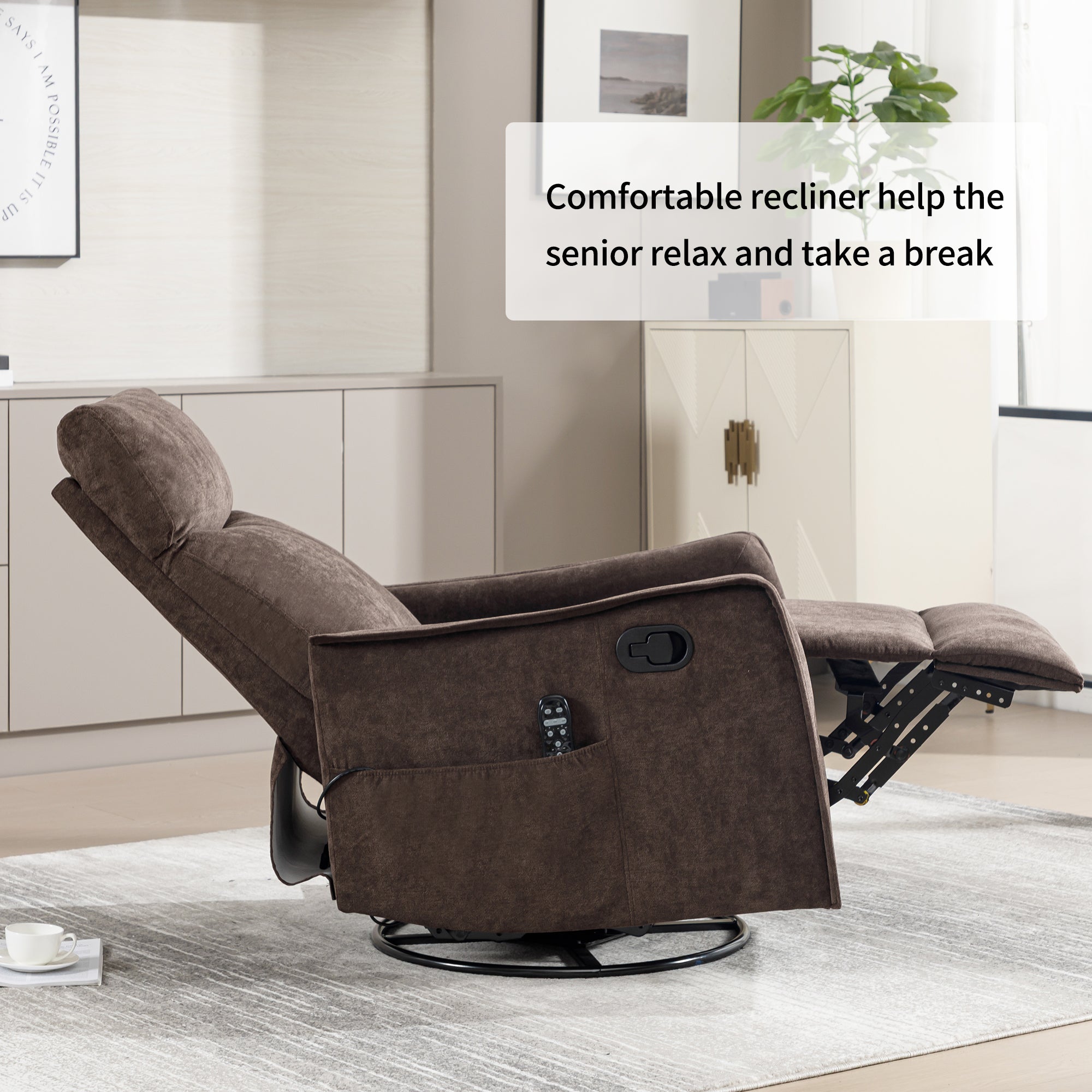 Heat Massage Manual Recliner Chair with Rocker and Swivel in Fabric for Living Room, Brown