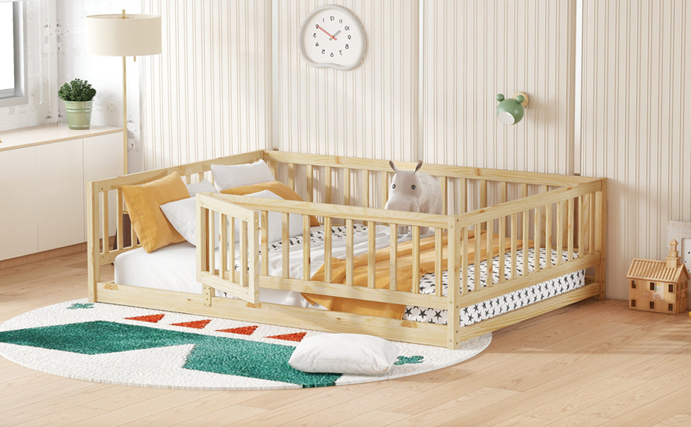 Full Size Floor Bed with Slats, Montessori Floor Bed with Fence and Door, Kids Montessori Bed Full Size, Wood Montessori Floor Bed for Kids, Girls, Boys,Oak