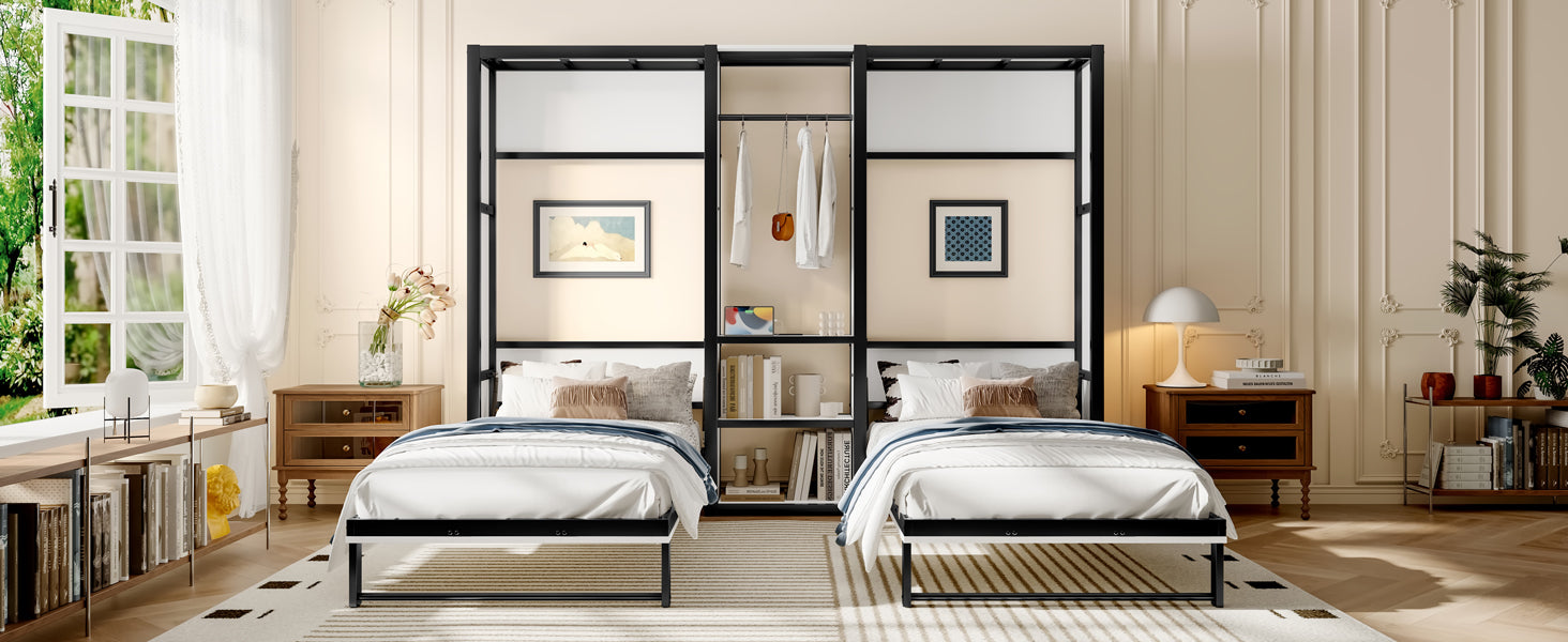 Twin and Twin Murphy Bed, Metal Foldable Murphy Bed with Wardrobe, Shelves and Power Outlets, 2 in 1 Design, Space-saving, White