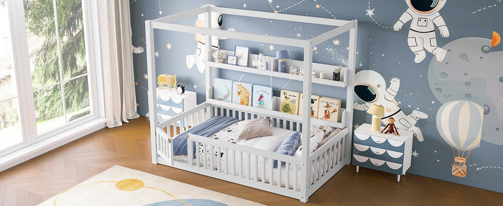 Twin Size Canopy Bed with Guardrails, Solid Wood Floor Bed with Shelves, Montessori Floor Bed Frame for Kids, Boys, Girls, No Spring Box Needed, White