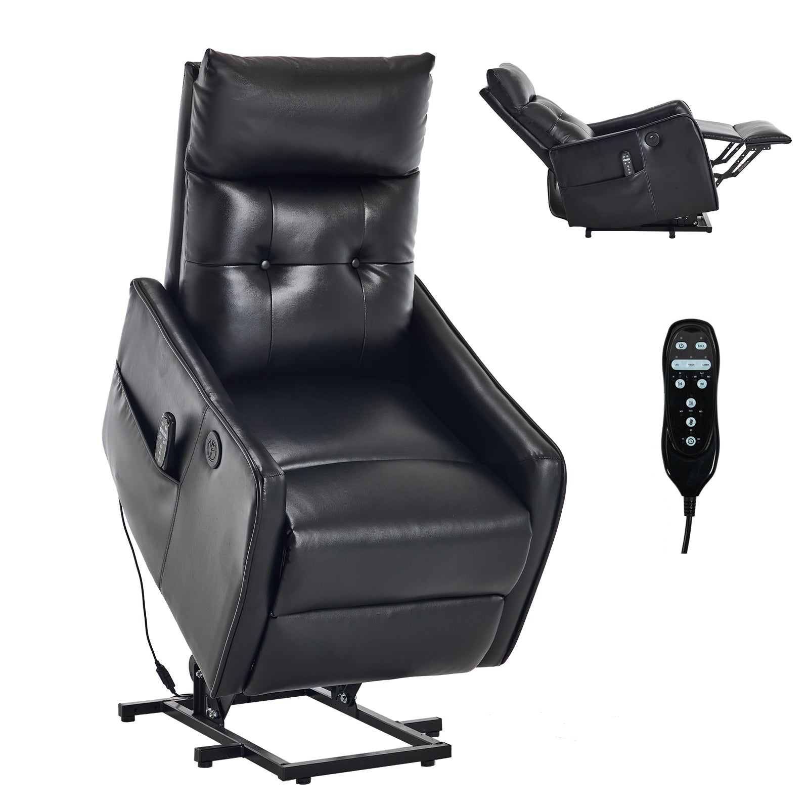 Black PU Single Motor Power Lift Recliner Chair with Massage and Heat for Elderly, Heavy Duty Motion Mechanism and One USB for Charging, Max Reclining Angle 155°
