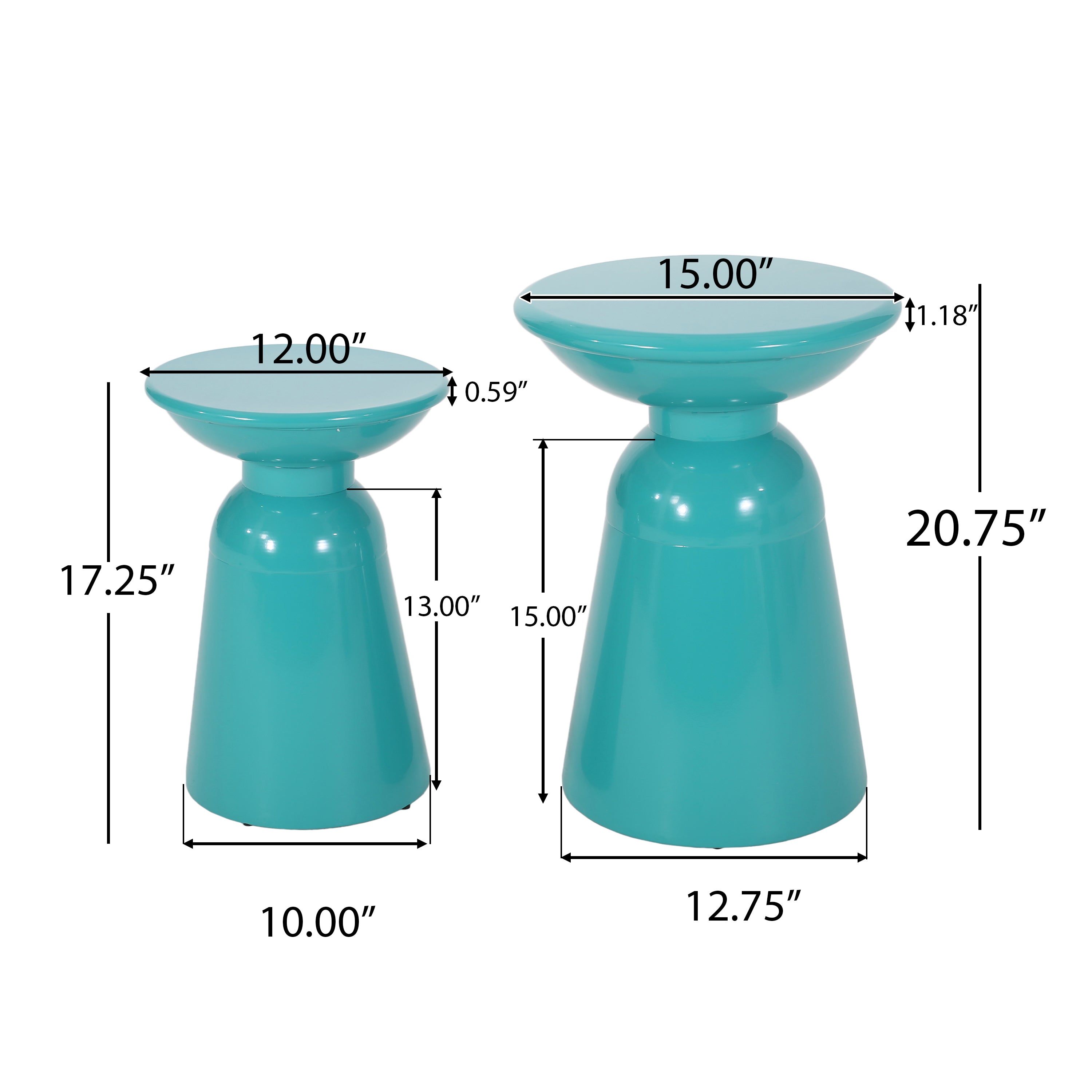 Serenita Outdoor Iron Side Tables with Flared Design, Set of 2 , Teal