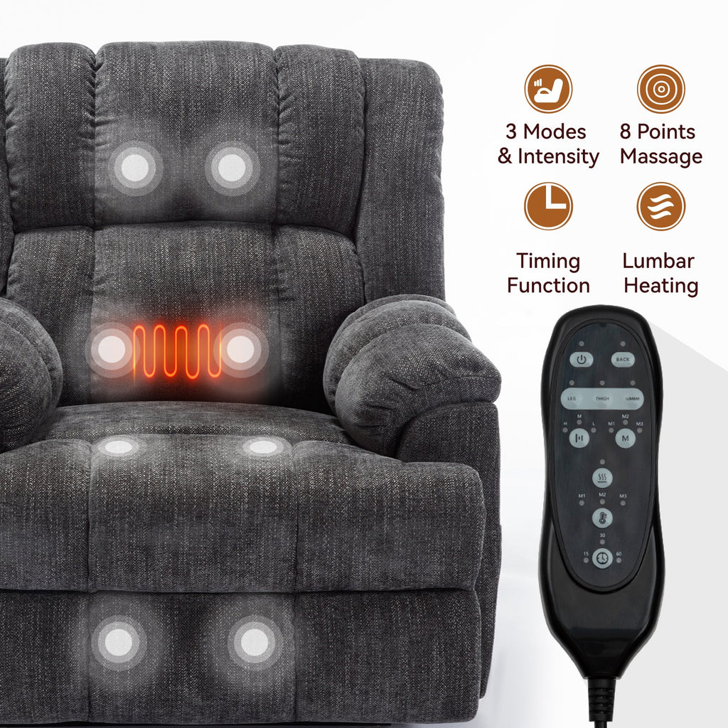 Dual Motor Heat Massage Infinite Position Up to 350 LBS Electric Power Lift Recliners with Power-Remote, Medium-firm and Heavy Duty, Grey