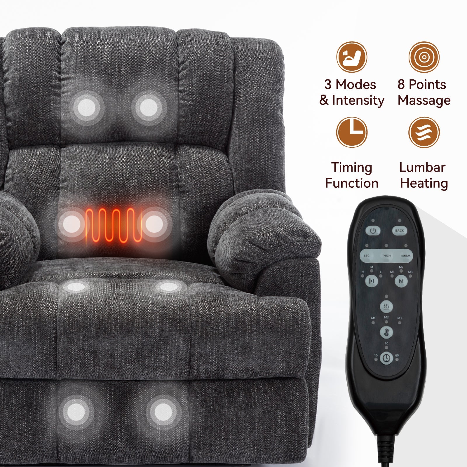 Dual Motor Heat Massage Infinite Position Up to 350 LBS Electric Power Lift Recliners with Power-Remote, Medium-firm and Heavy Duty, Grey