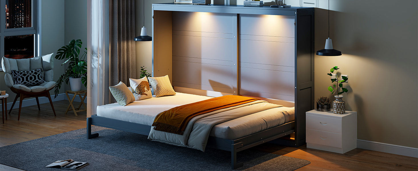 Queen Size Murphy Bed Wall Bed Modern design with LED Lights,Gray(OLD SKU:LP100973AAE)