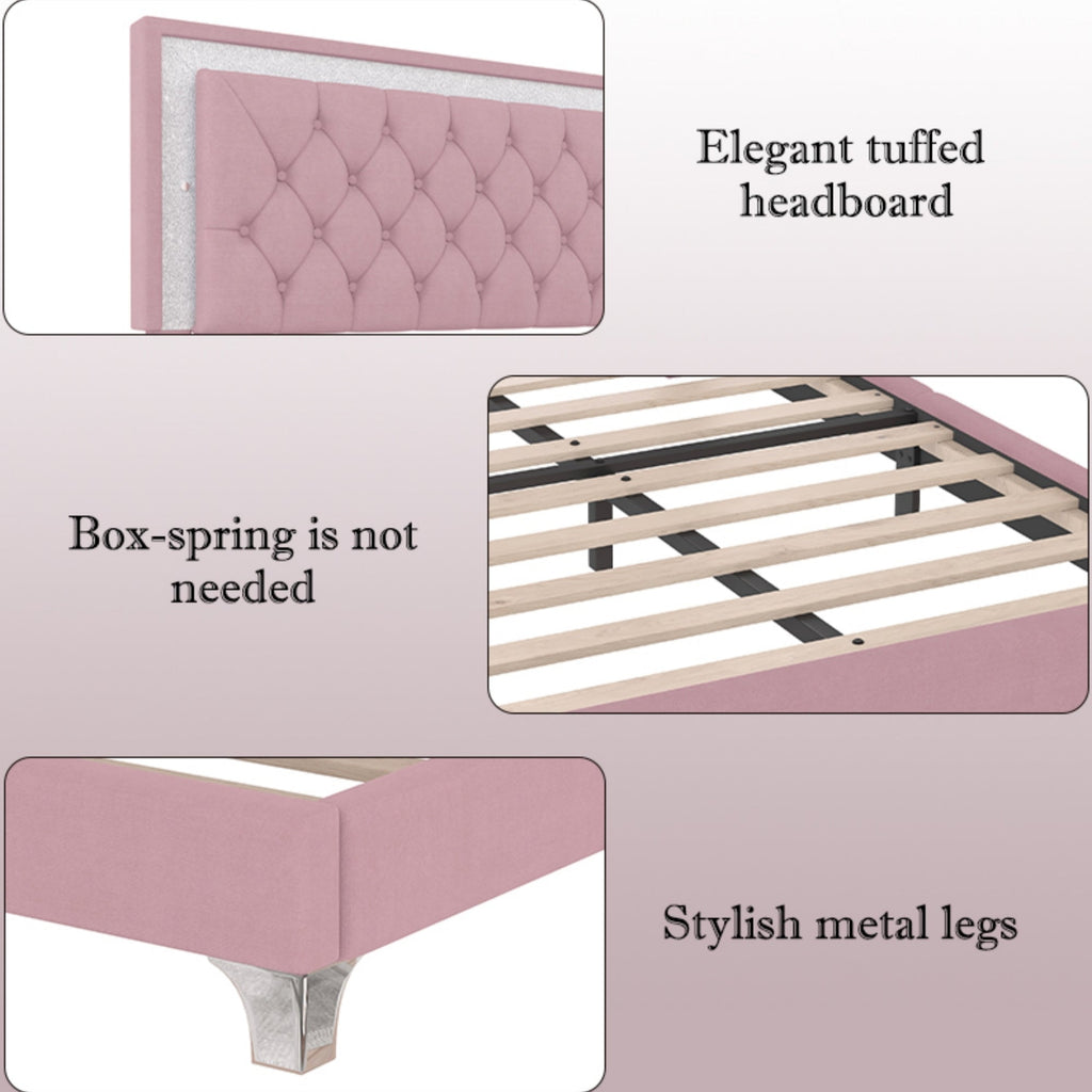 3-Pieces Bedroom Sets,Queen Size Upholstered Platform Bed with LED Lights and Two Nightstands-Pink