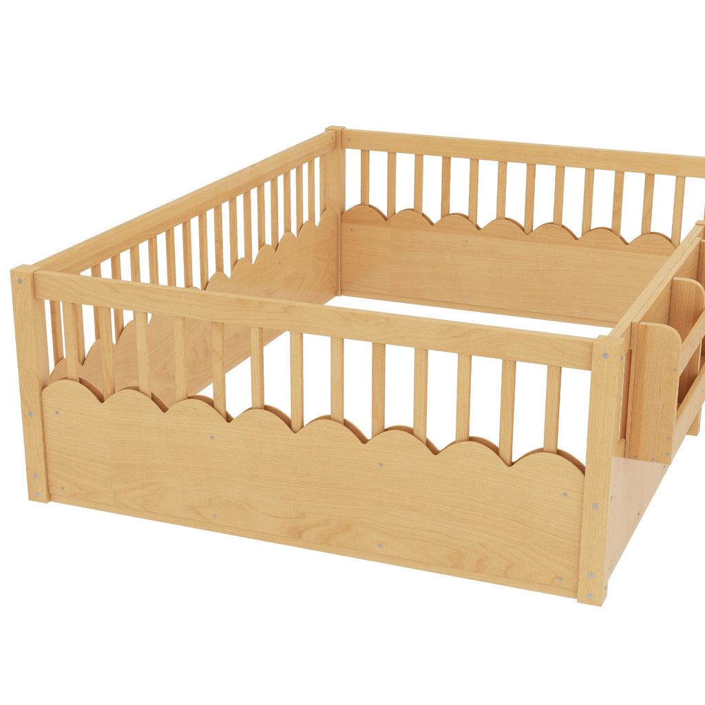 Full Floor bed with Heightened Fence and bookshelf ,Wood Floor Bed for Kids,Natural.