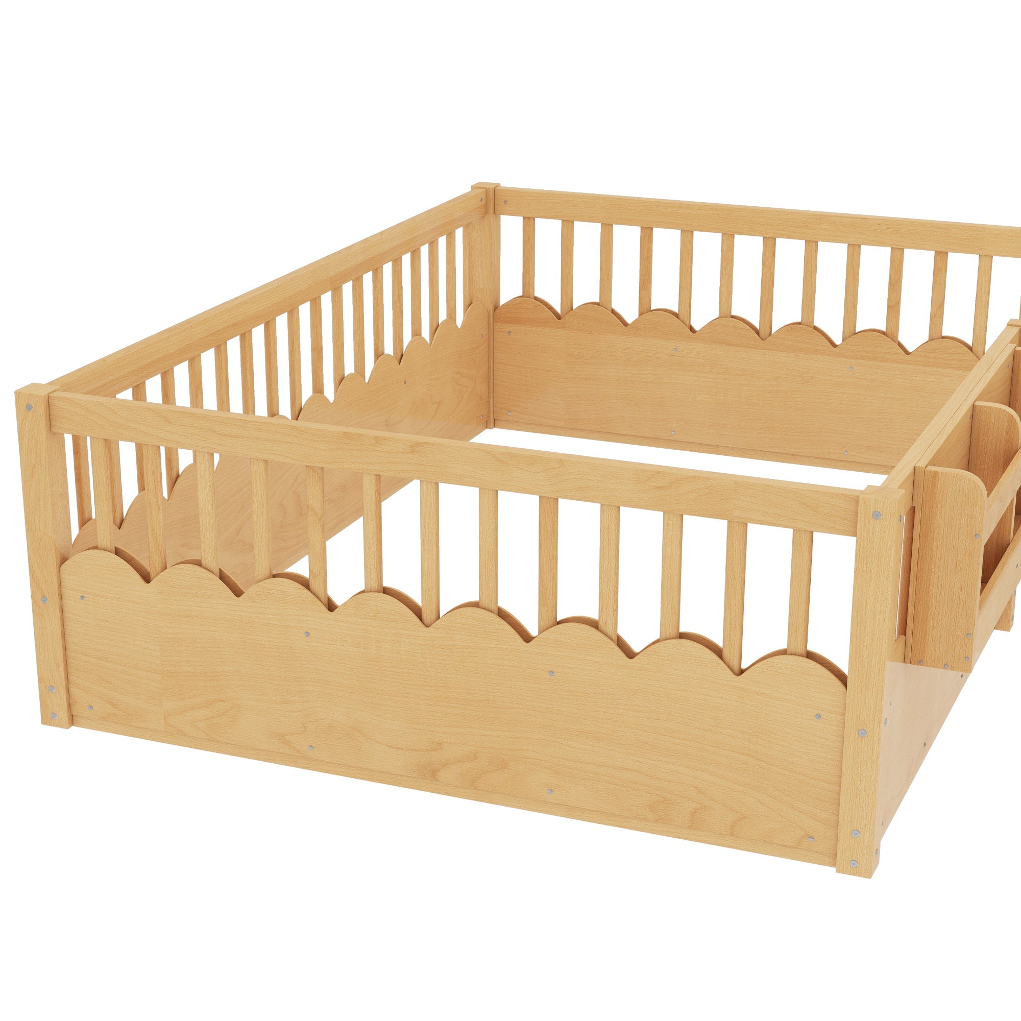 Full Floor bed with Heightened Fence and bookshelf ,Wood Floor Bed for Kids,Natural.