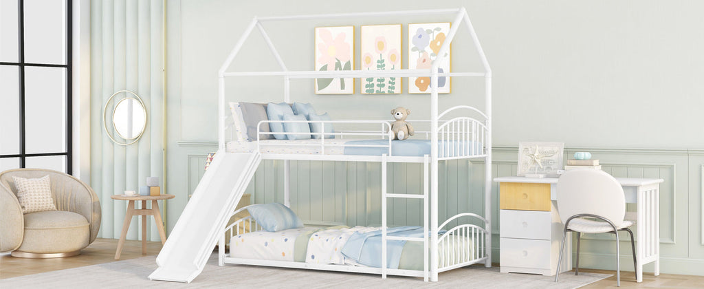 Twin Over Twin Metal Bunk Bed With Slide,Kids House Bed White