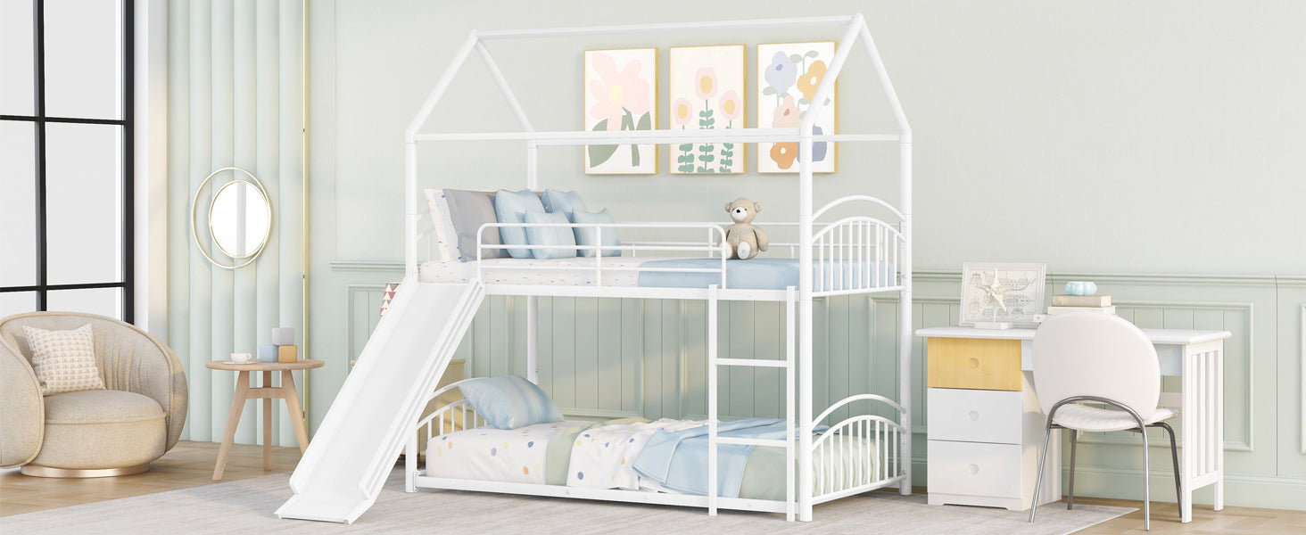 Twin Over Twin Metal Bunk Bed With Slide,Kids House Bed White