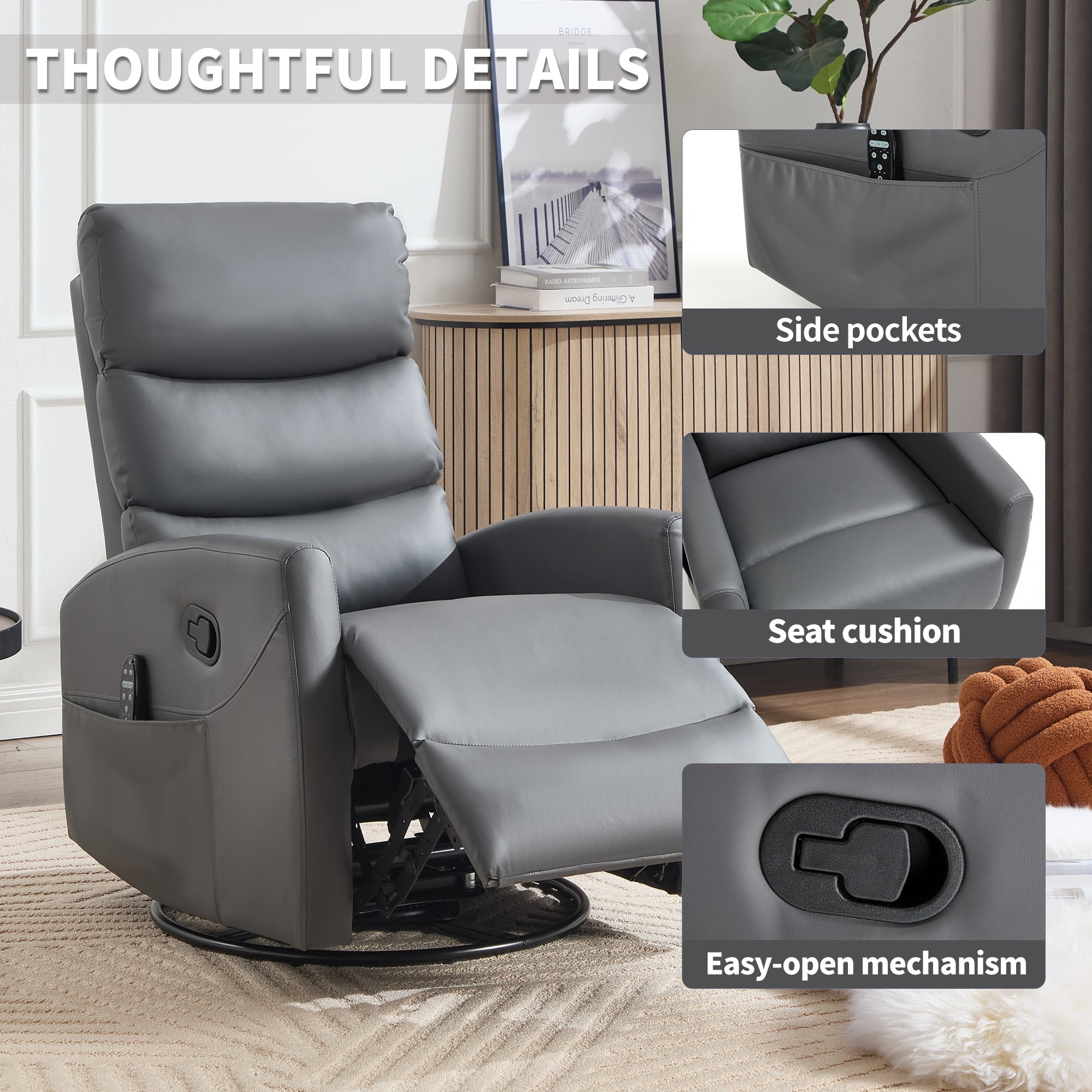 Heat Massage Manual Recliner Chair with Rocker and Swivel in Fabric for Living Room, Grey