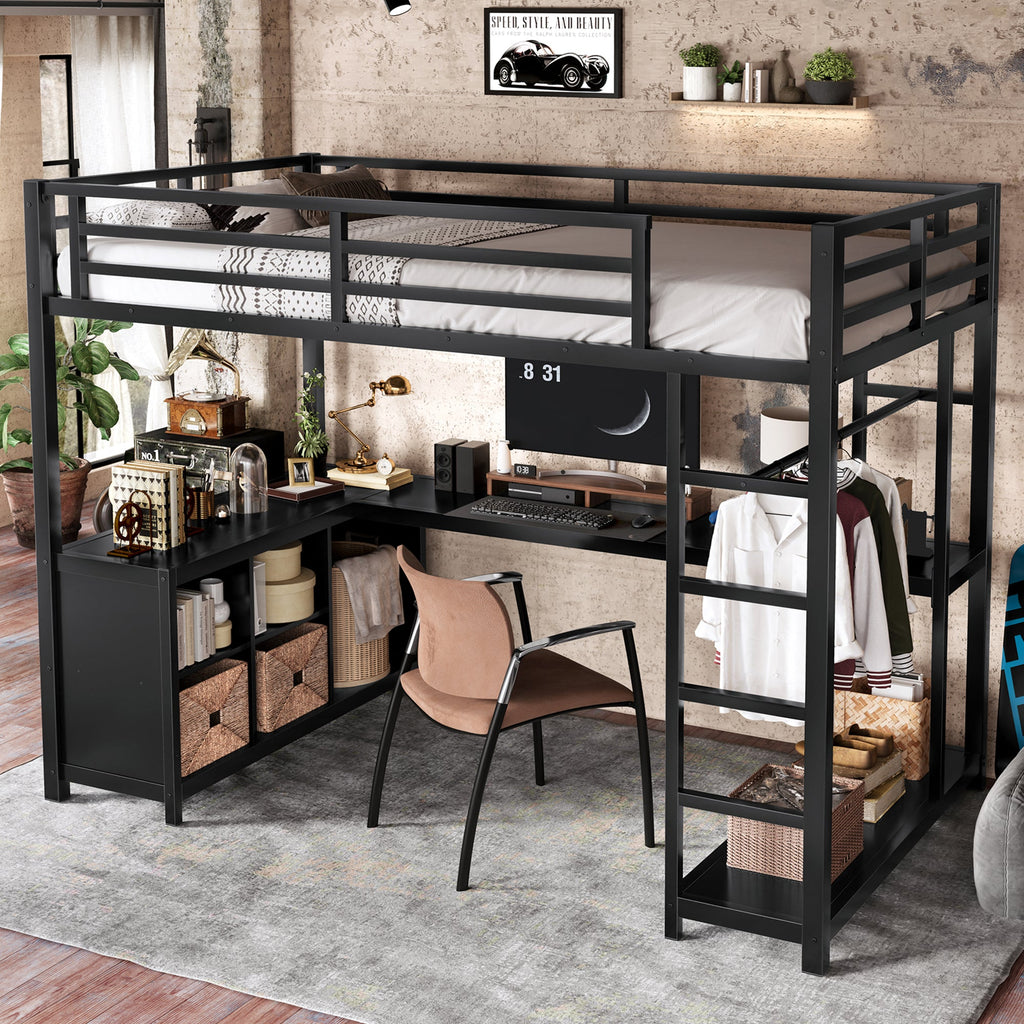 Metal Loft Bed with Wardrobe and L-shaped Desk, Twin XL Size Loft Bed with Storage Cubes and Shelves, Loft Bed for Kids Teens Adults, Black