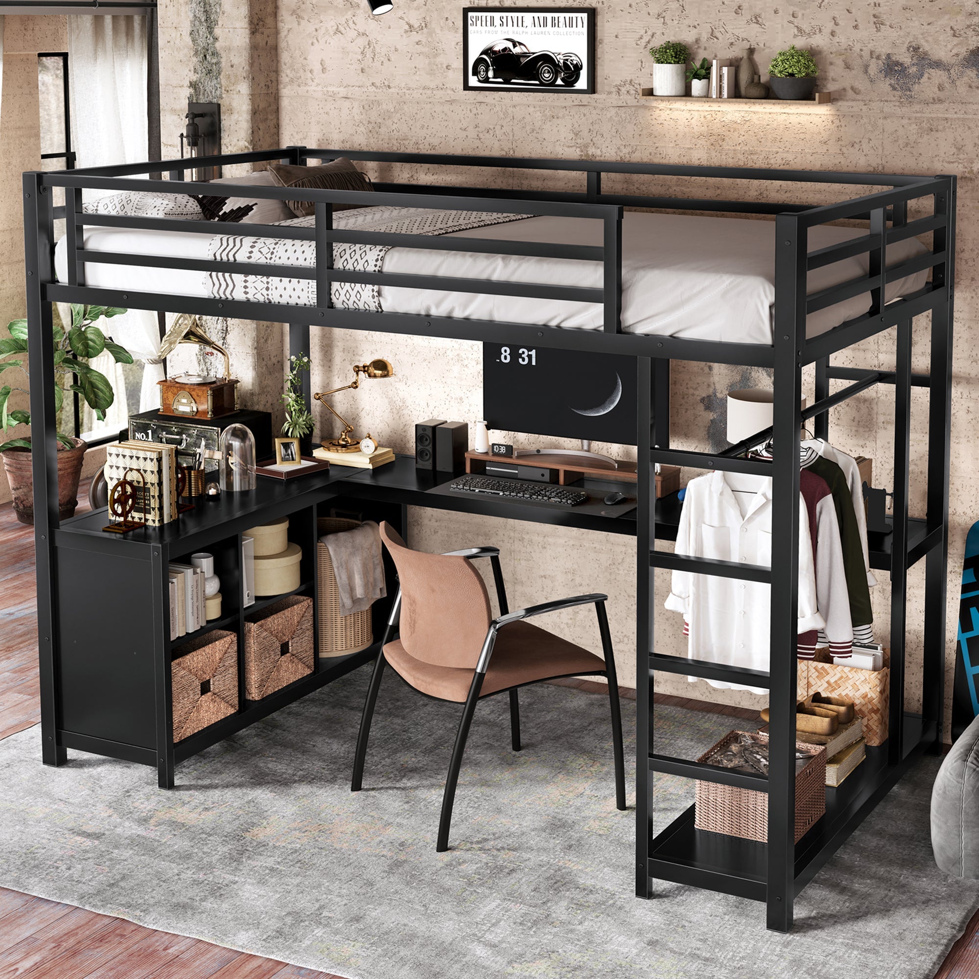 Metal Loft Bed with Wardrobe and L-shaped Desk, Twin XL Size Loft Bed with Storage Cubes and Shelves, Loft Bed for Kids Teens Adults, Black