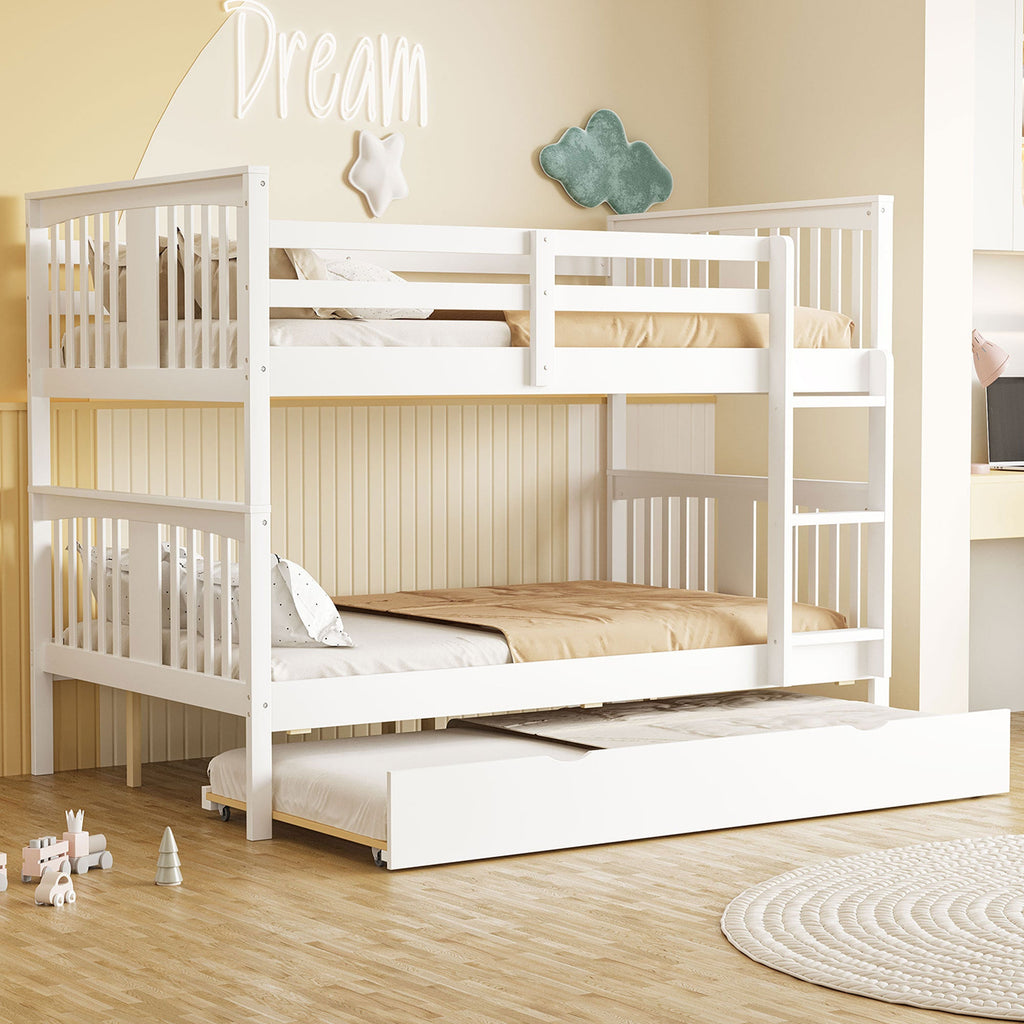 Full over Full Bunk Bed with Twin Size Trundle and Ladder-White(Old SKU: LT000204AAK)