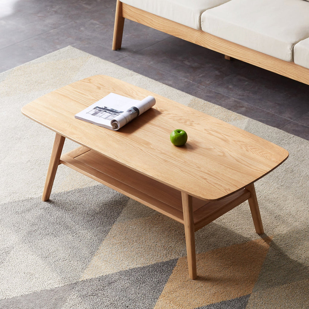Natural Solid Wood Coffee Table with Storage Shelf, Easy Assembly, Oak Finish, 39.4 Inches