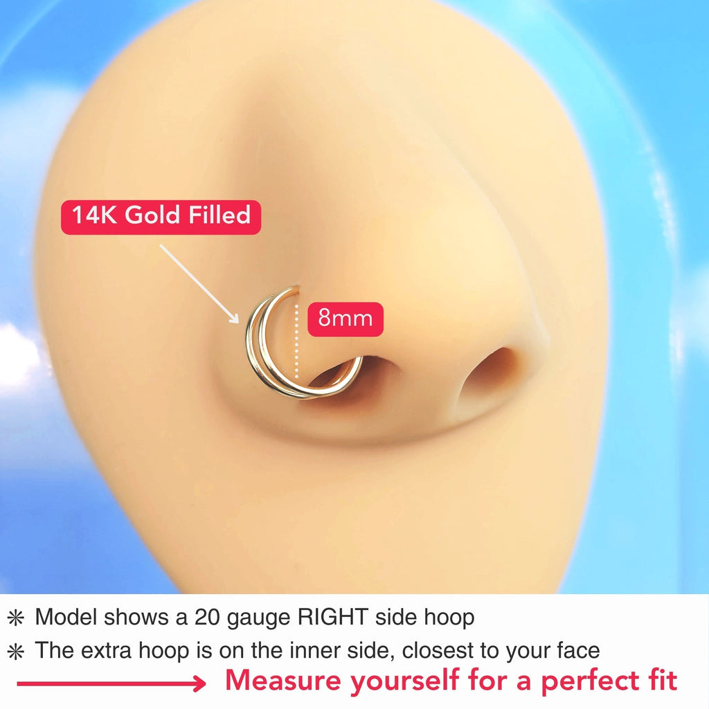 3Pack Double Hoop Nose 14k Gold Filled and 925 Silver Spiral Nose Rings 20G 8mm Right