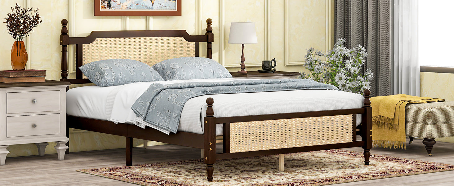 Queen Pine wooden Bed with Rattan Headboard  and Footboard, with  Central Enhanced Bed Platform ,Espresso