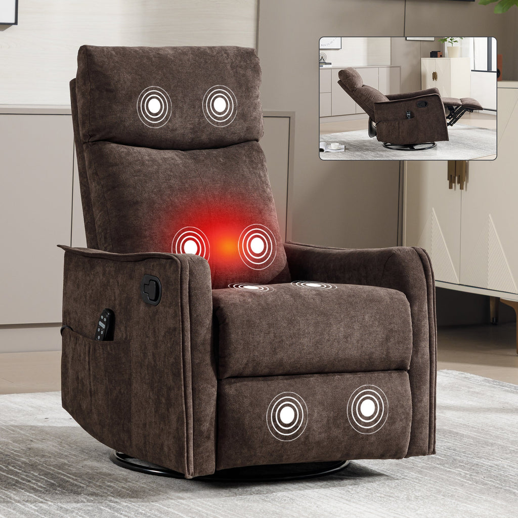 Heat Massage Manual Recliner Chair with Rocker and Swivel in Fabric for Living Room, Brown