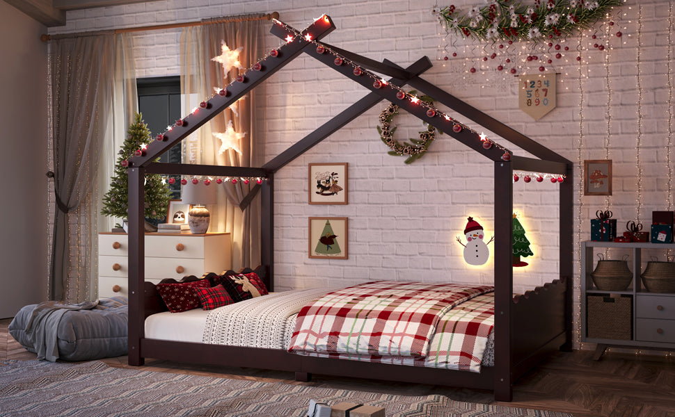 Full House Floor Bed with Support Slats, Solid Wood House Bed Frame for Kids, No Box Spring Needed and Opening Constructure, Espresso
