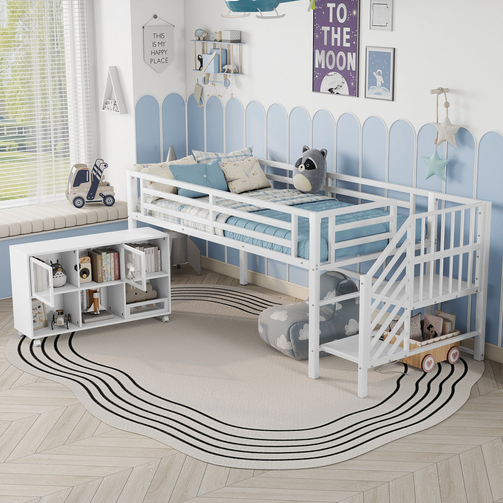 Twin Metal Loft Bed with Storage Cubby, Low Metal Loft Bed with Stairs for Kids, White, Expect Arrival Date 2025/11/10