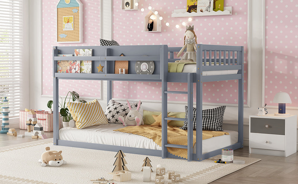 Low Twin Over Twin Bunk Bed, Floor Bunk Bed with Ladder, Solid Wood Twin Bunk Bed for Kids & Juniors, Grey(Expect Arrival Date 2025/11/25)