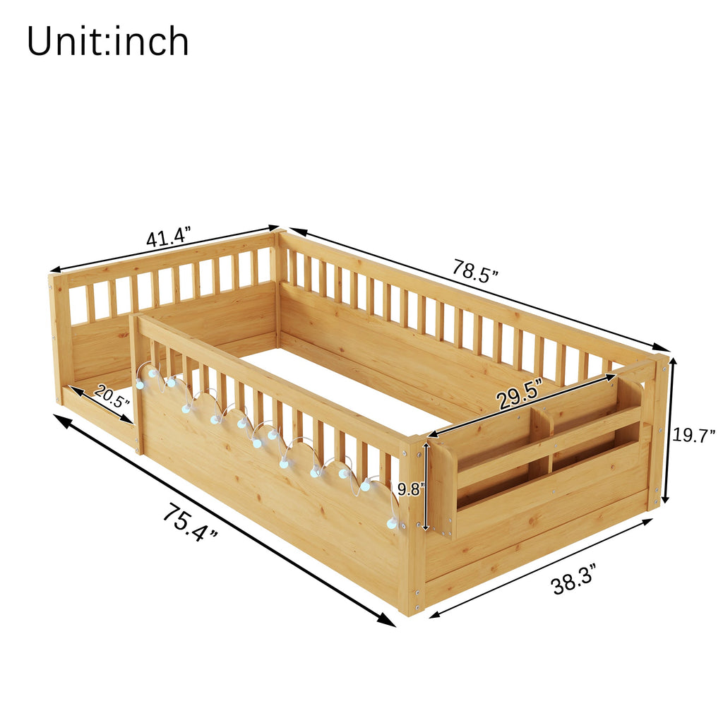 Twin Montessori Floor Bed Frame with High Rails, Wood Kids Floor Beds with Light and Storage Shelf, Natural (Expect Arrival Date 2025/8/15)