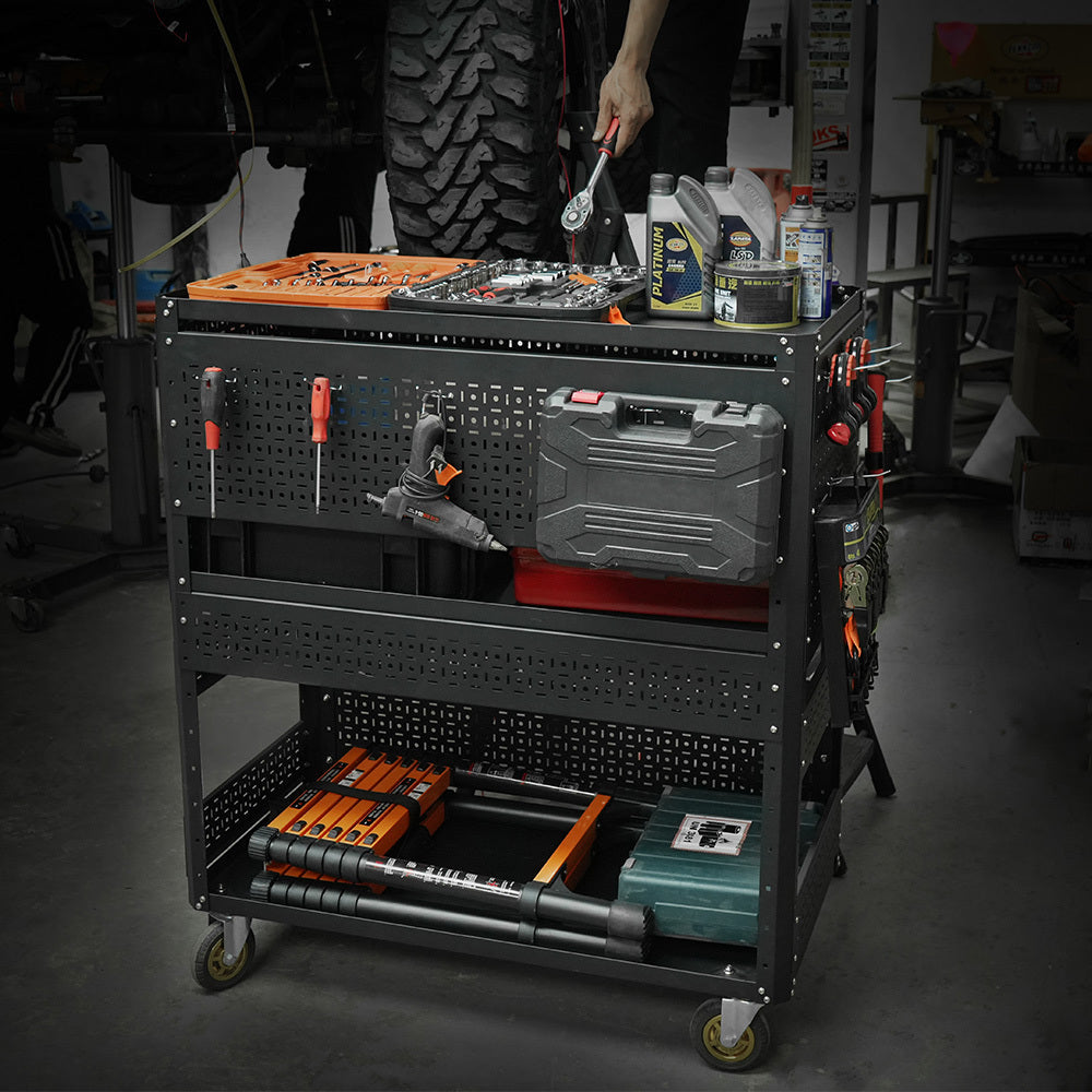 3-Tier  DIY Detachable Utility Cart Storage Tool Cart With Steel Pegboard, Foldable Rolling Tool Cart with Wheels For Garage Organizer and Tool Storage