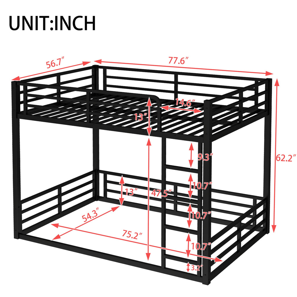 Metal Bunk Bed, Full over Full Floor Bunk Bed Frame,Heavy-Duty Bunk Bed for Kids, Teens, Adults, Noise-reduced Design, Black