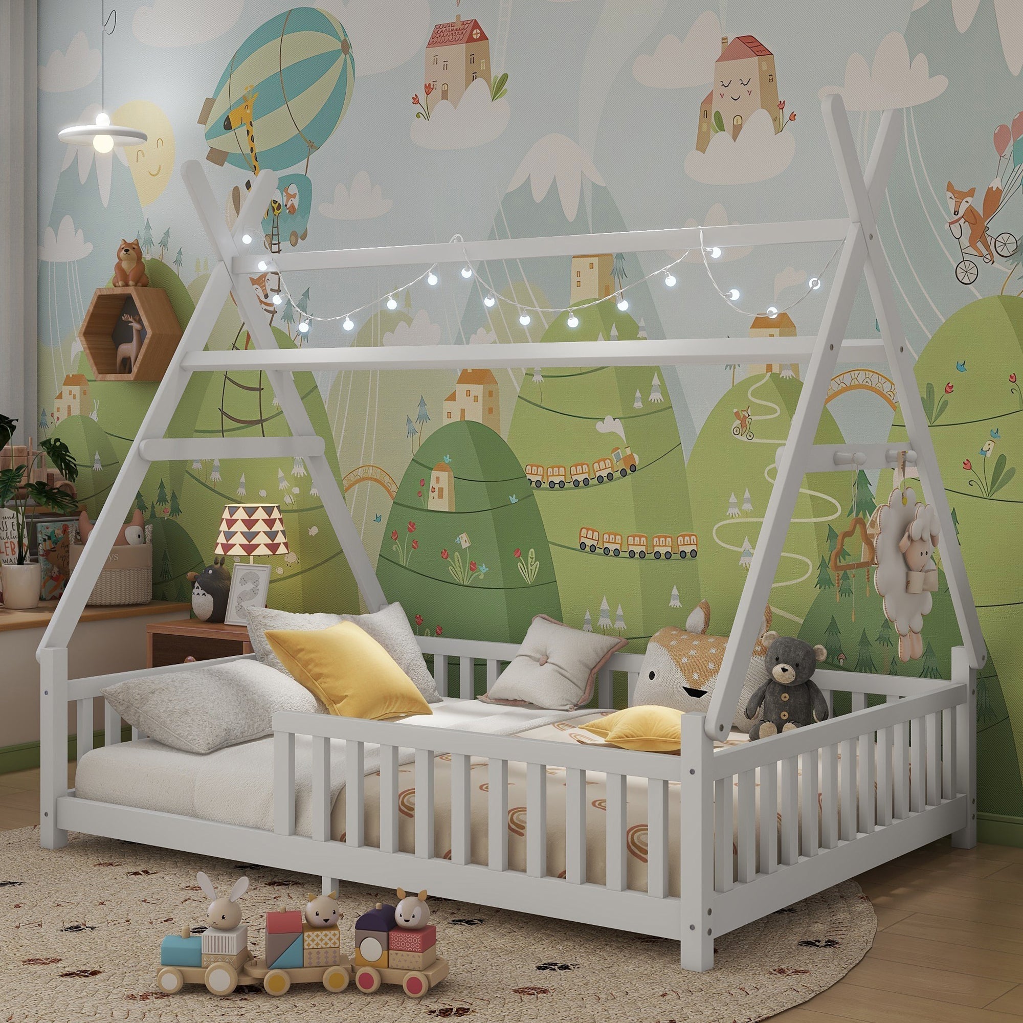 Full House Bed with Light, Low Floor House Bed with Fence and Roof for Kids Boys Girls,White(Expect arrive date 2025/7/20)