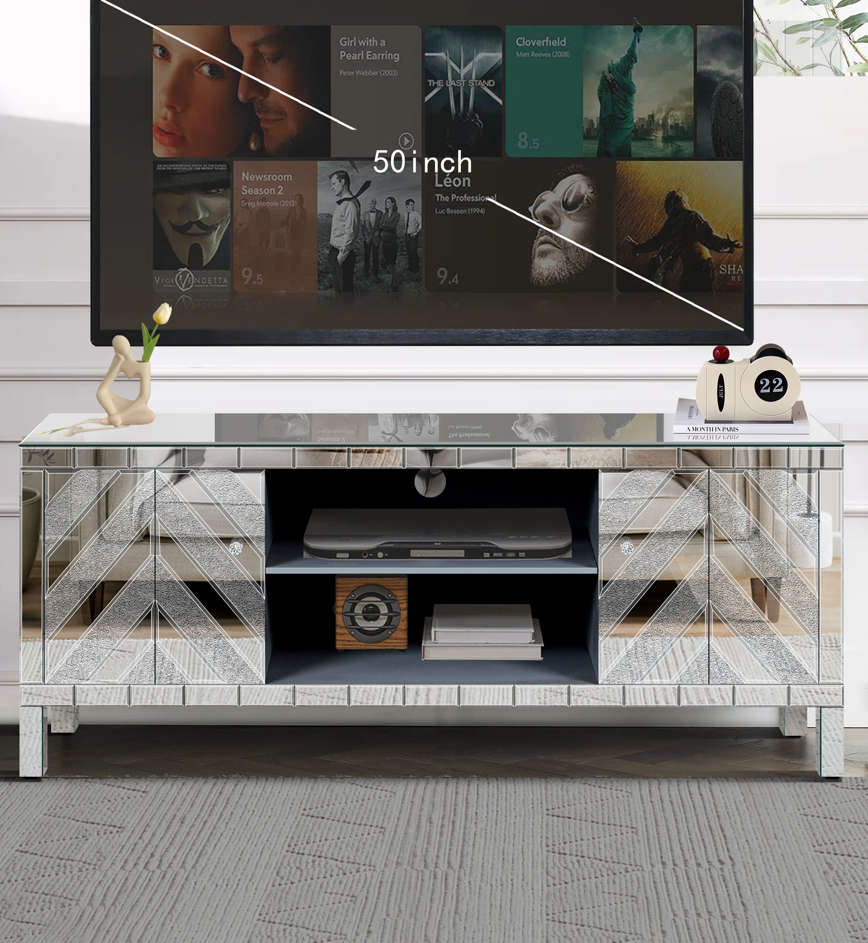 47 Inch Mirror TV Media Console with Diamond Glass Doors, Dual Door Design with Open Storage Space, Compatible with 50-Inch TVs, Modern Decor for Living Room & Bedroom