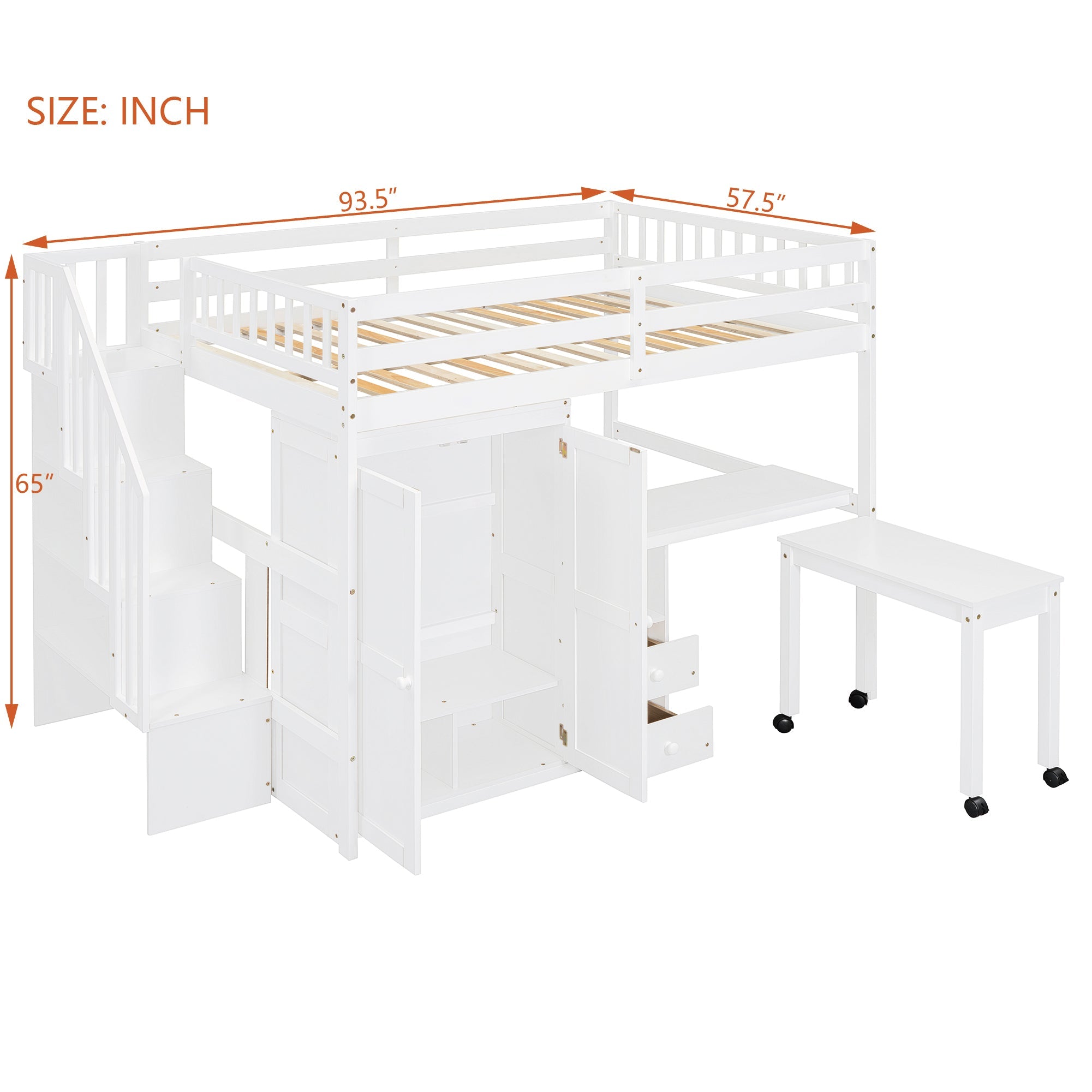 Full Size Loft Bed with Stairs, Bookshelf, Drawers, Desk & Wardrobe – Space-Saving Multifunctional Furniture for Kids & Teens-White