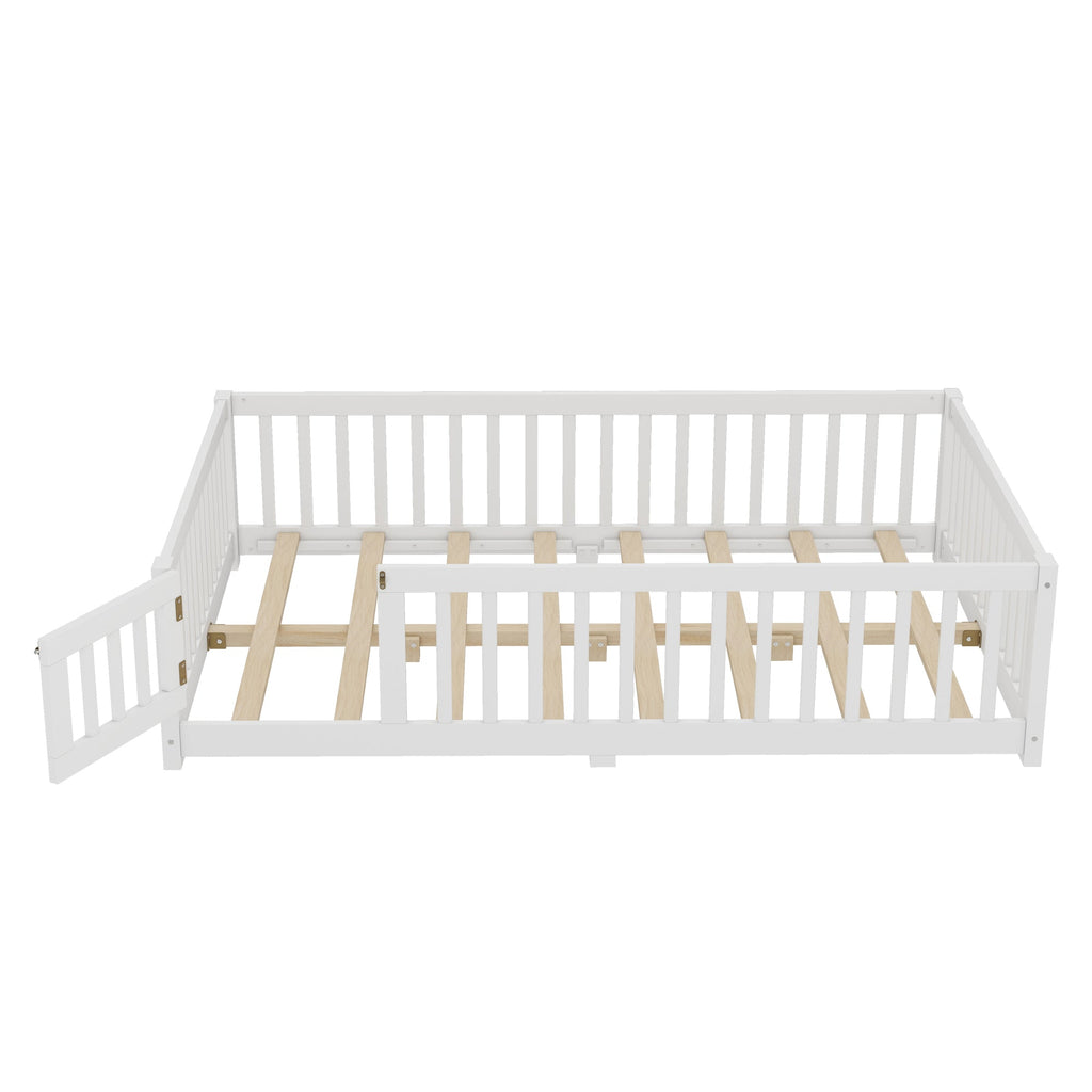 Full Size Bed Floor Bed with Safety Guardrails and Door for Kids, White(Old SKU: W1580P154625)