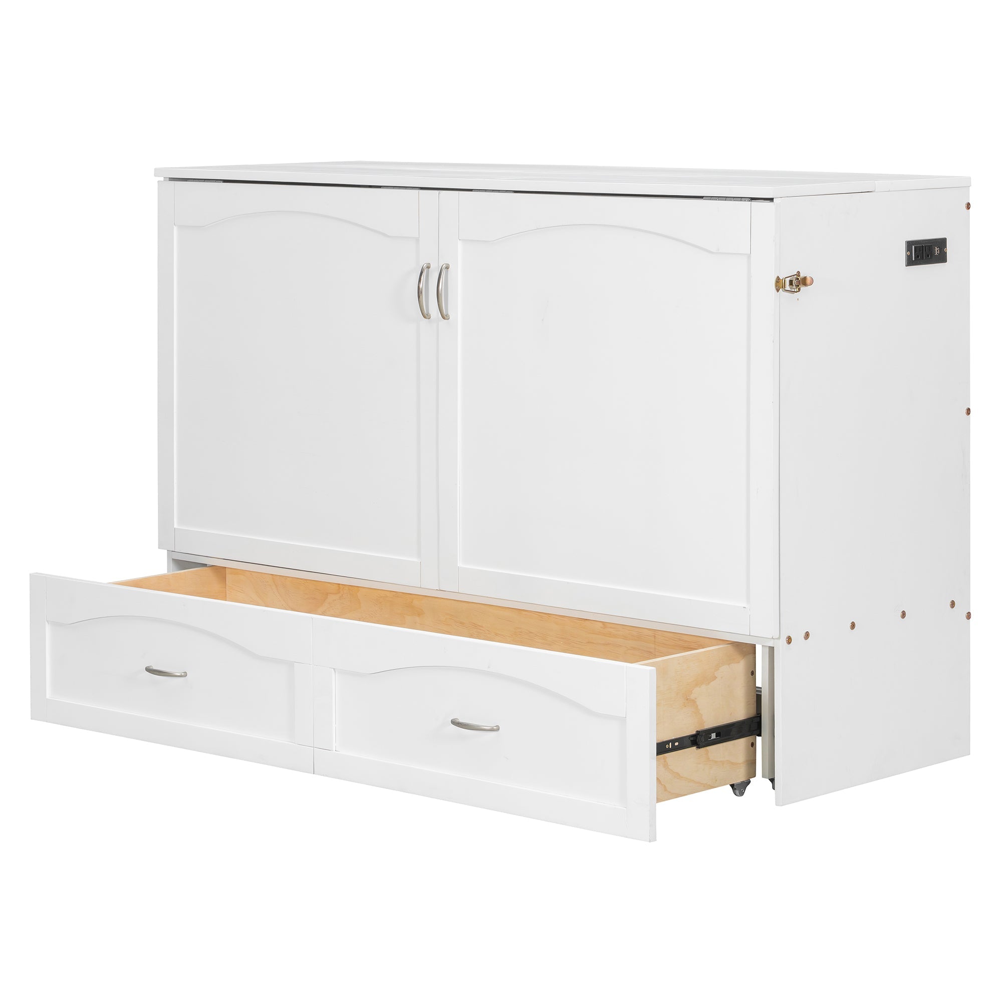 Queen Size Murphy Bed Wall Bed with drawer and a set of Sockets & USB Ports, Pulley Structure Design, White(OLD SKU: LP100671AAK)