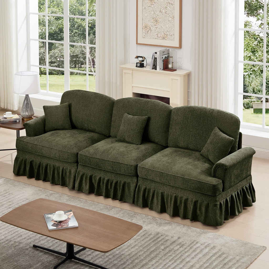Elegant Mid Century Large 3 Seater Sofa Couch with Flared Arms and Removable Ruffles Pleats Skirts and Spindle Legs, Comfy Chenille Three-Seat Sofa for Living Room, Green