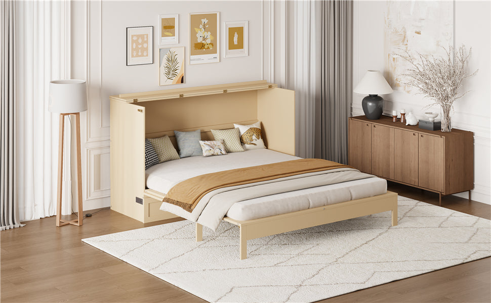 Queen Size Murphy Bed with Large Drawers, Gold